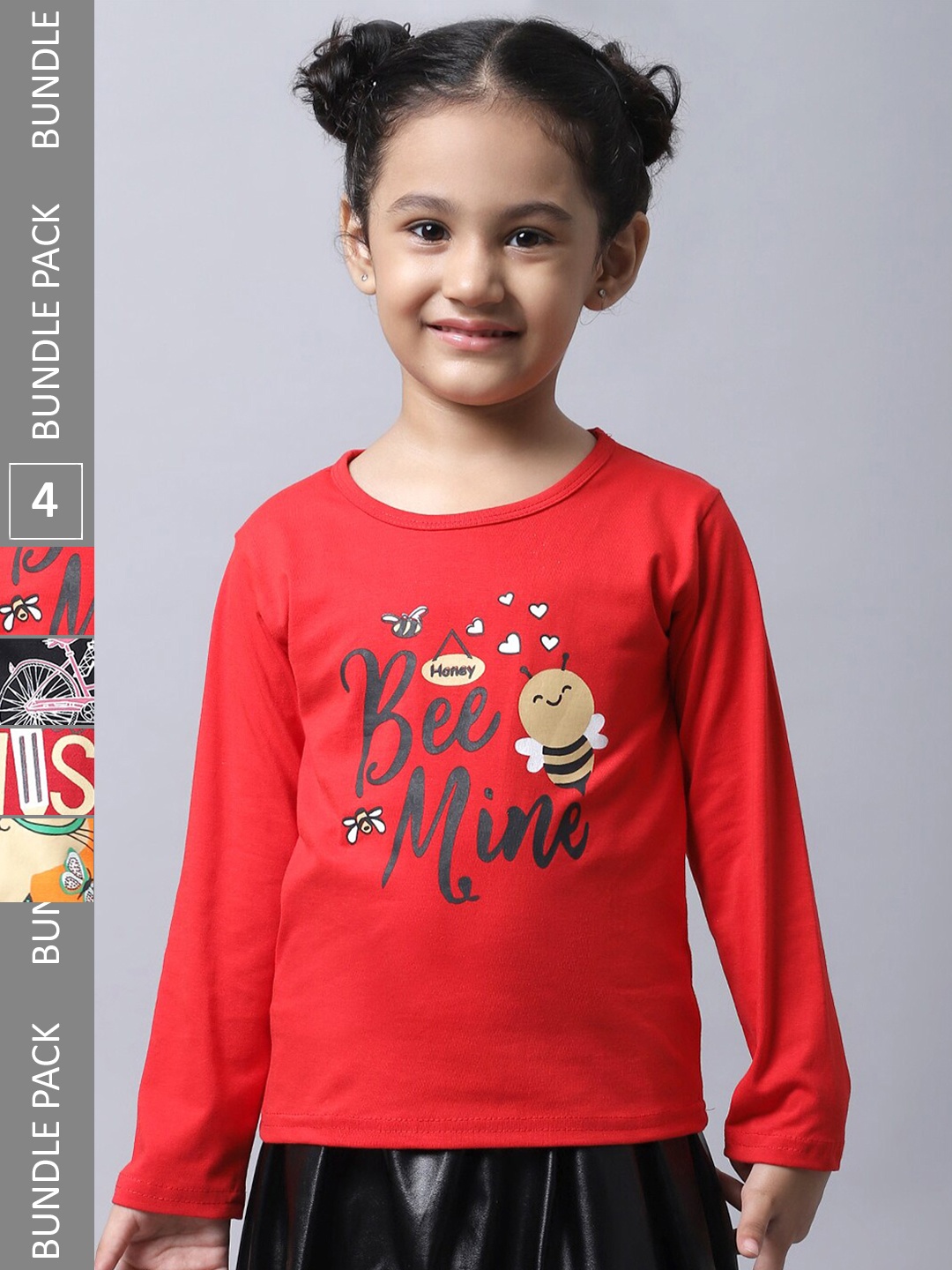 

BAESD Girls Pack Of 4 Typography Printed Long Sleeves Cotton T-shirt, Red