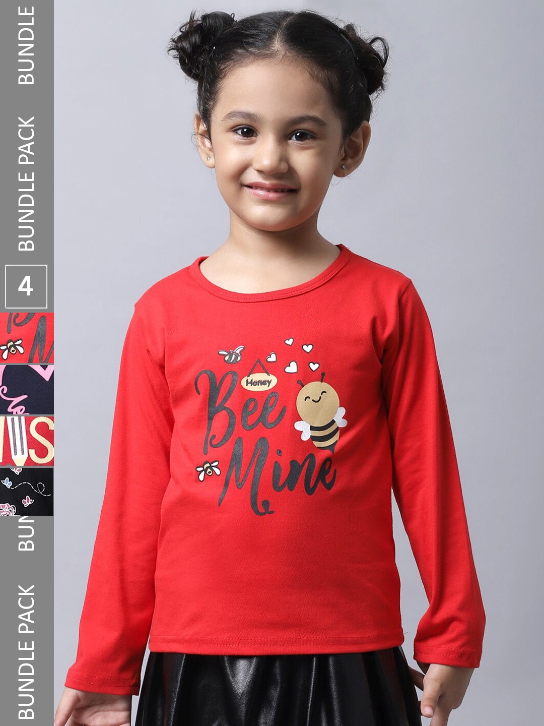 

BAESD Girl Pack Of 4 Typographic Printed Long Sleeves Cotton T-Shirt, Red