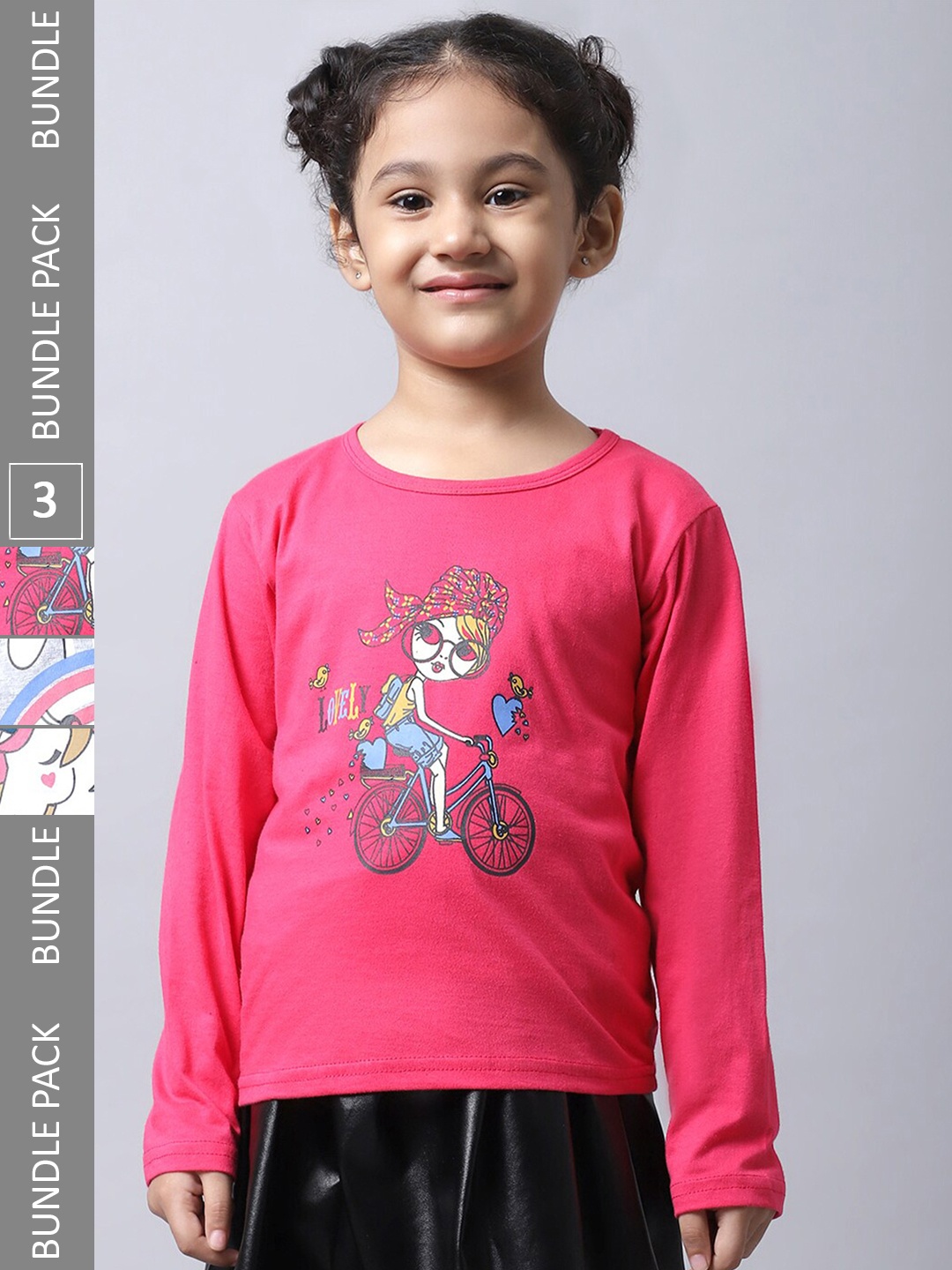 

BAESD Girls Pack Of 3 Graphic Printed Long Sleeve Pure Cotton T-shirt, Pink