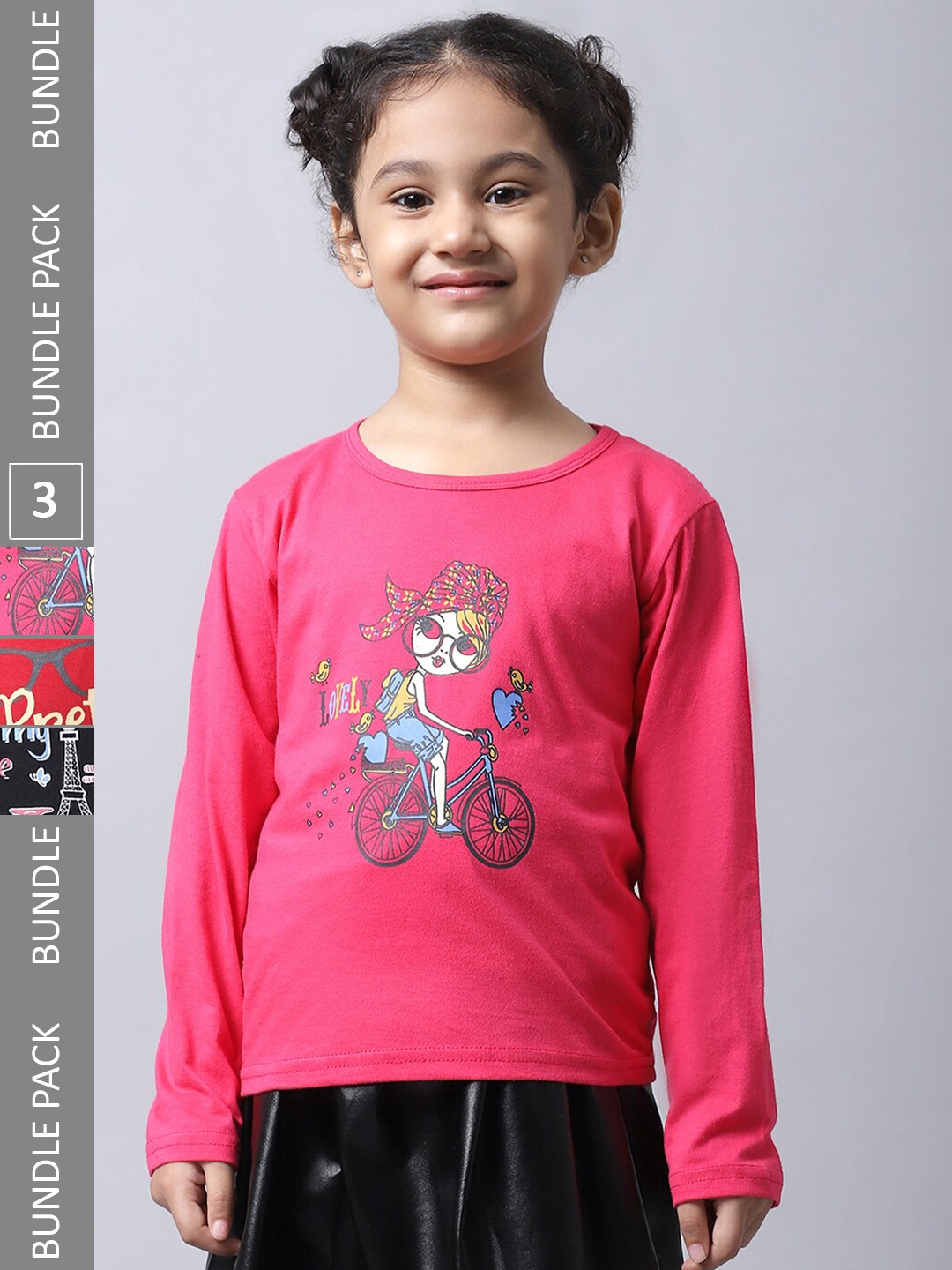 

BAESD Girl Pack Of 3 Graphic Printed Long Sleeves Cotton T-Shirt, Pink