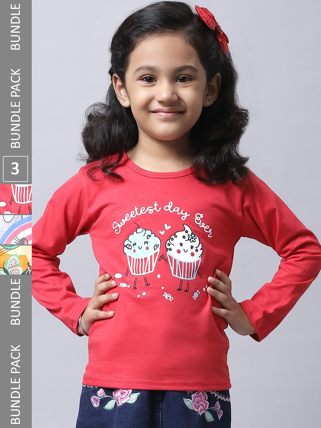 

BAESD Girl Pack Of 3 Graphic Printed Long Sleeves Cotton T-Shirt, Red