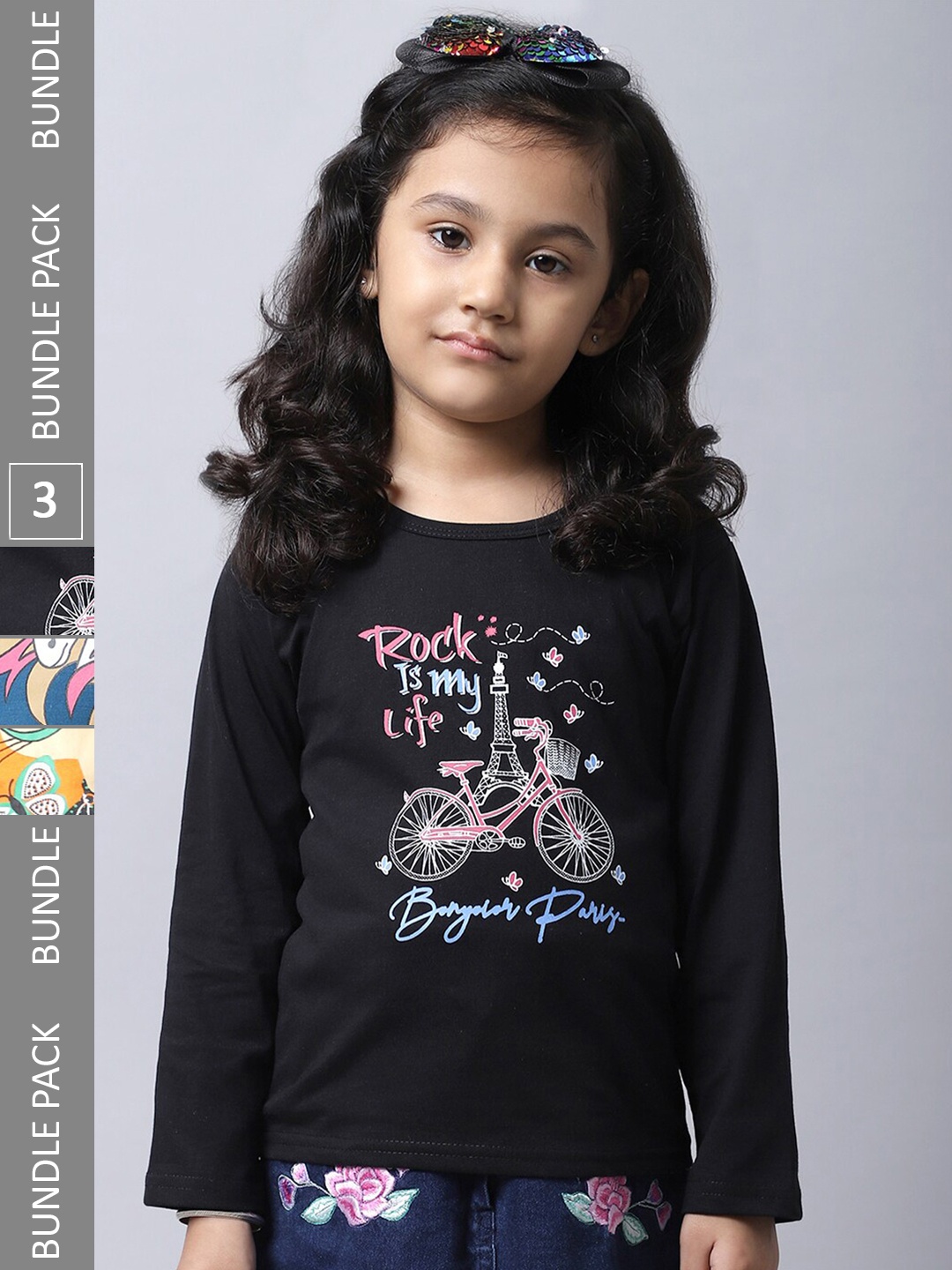 

BAESD Girl Pack Of 3 Typographic Printed Long Sleeves Cotton T-Shirt, Black