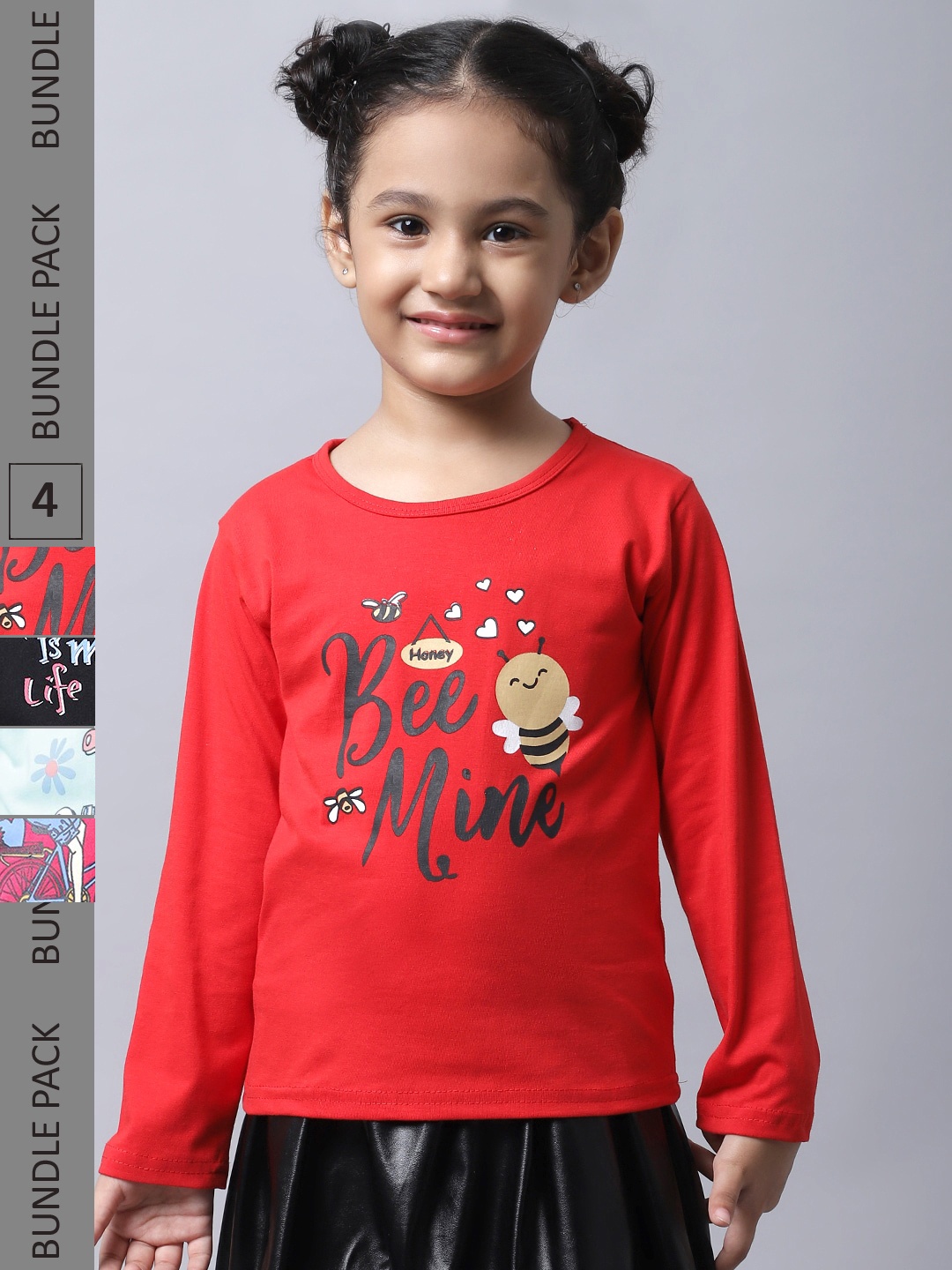 

BAESD Girl Pack Of 4 Typographic Printed Long Sleeves Cotton T-Shirt, Red