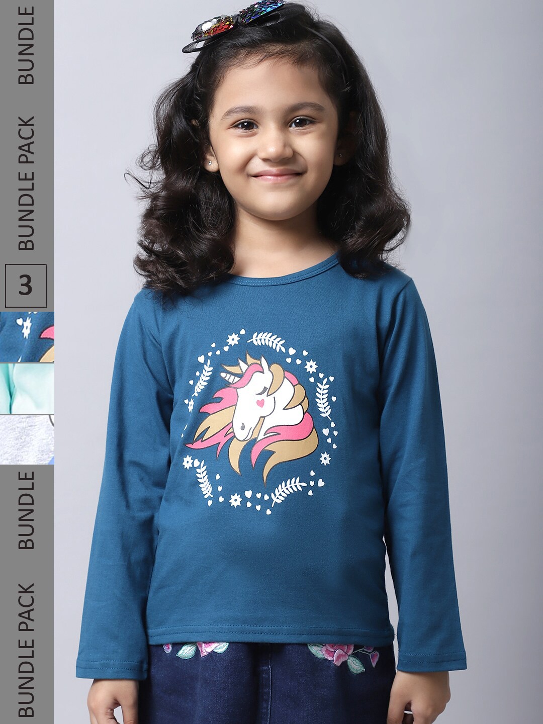 

BAESD Girl Pack Of 3 Graphic Printed Long Sleeves Cotton T-Shirt, Teal