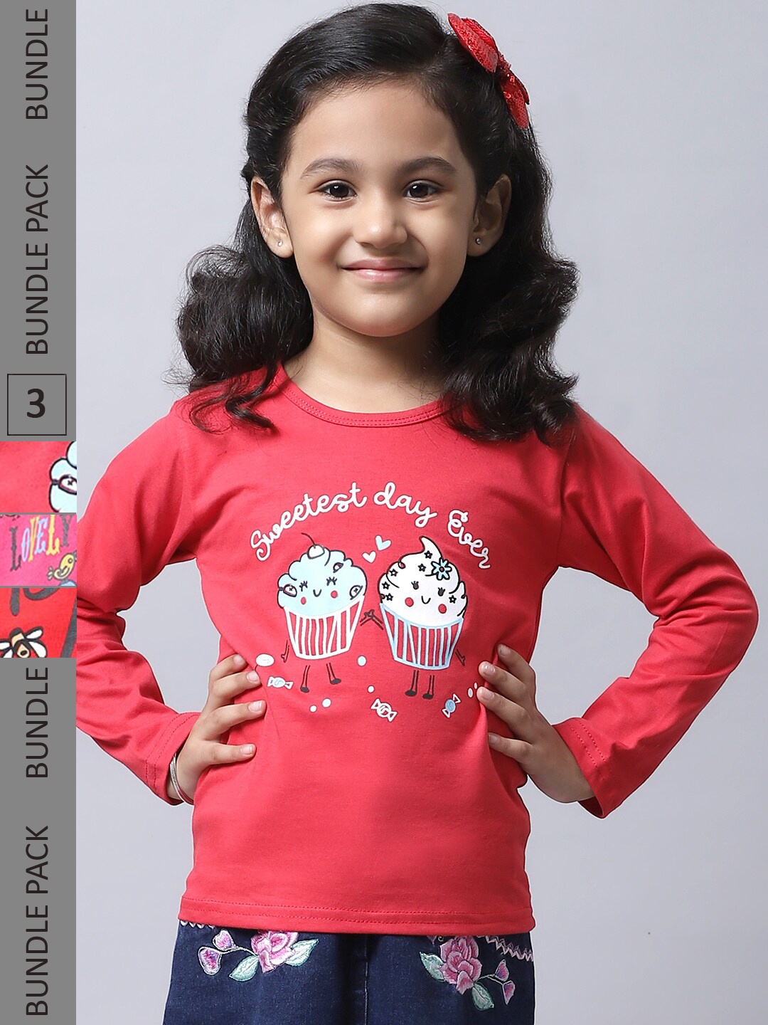 

BAESD Girl Pack Of 3 Graphic Printed Long Sleeves Cotton T-Shirt, Red
