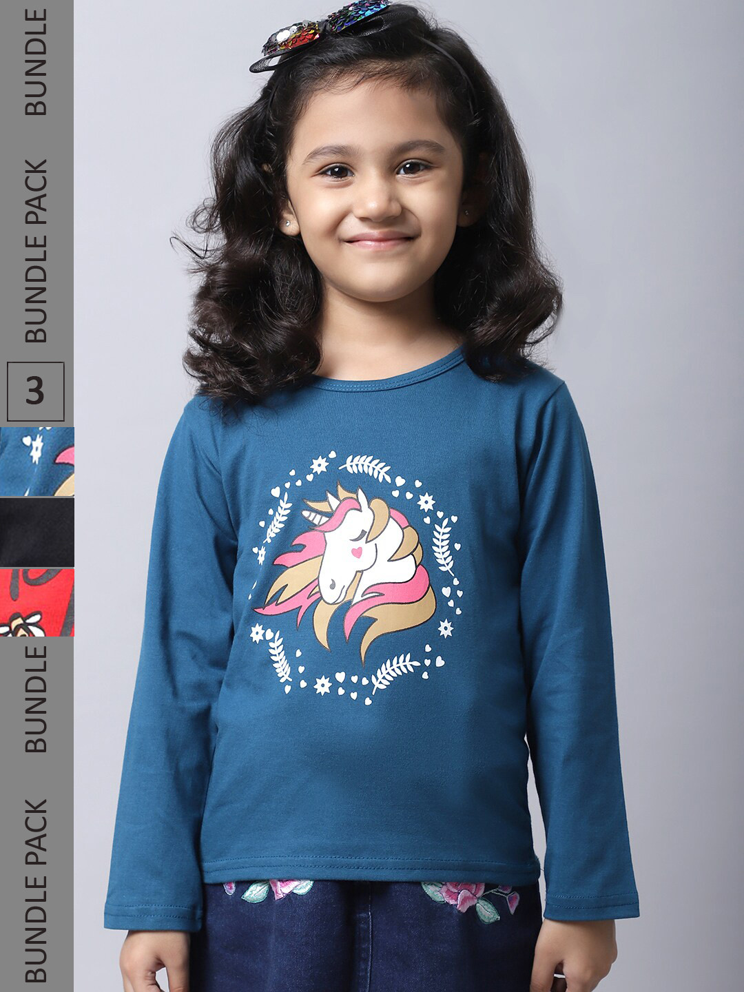

BAESD Girls Pack Of 3 Graphic Printed Long Sleeve Pure Cotton T-shirt, Blue