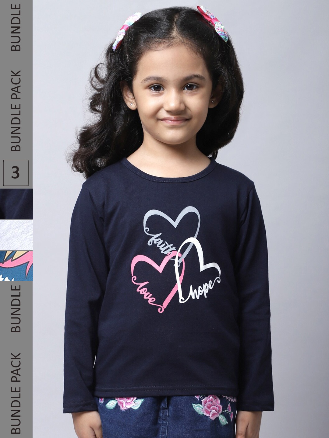 

BAESD Girls Pack Of 3 Graphic Printed Long Sleeves Cotton T-shirt, Navy blue
