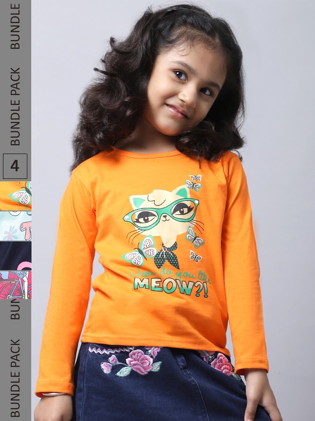 

BAESD Girl Pack Of 4 Graphic Printed Long Sleeves Cotton T-Shirt, Orange