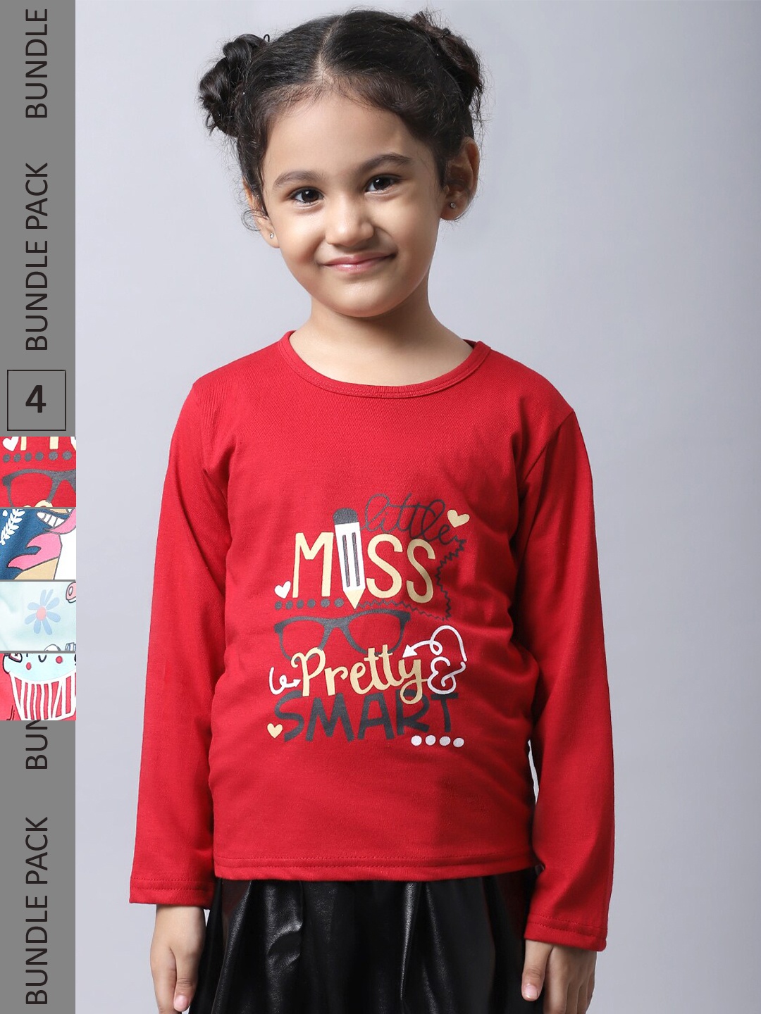 

BAESD Girls Pack Of 4 Graphic Printed Long Sleeve Pure Cotton T-shirt, Red