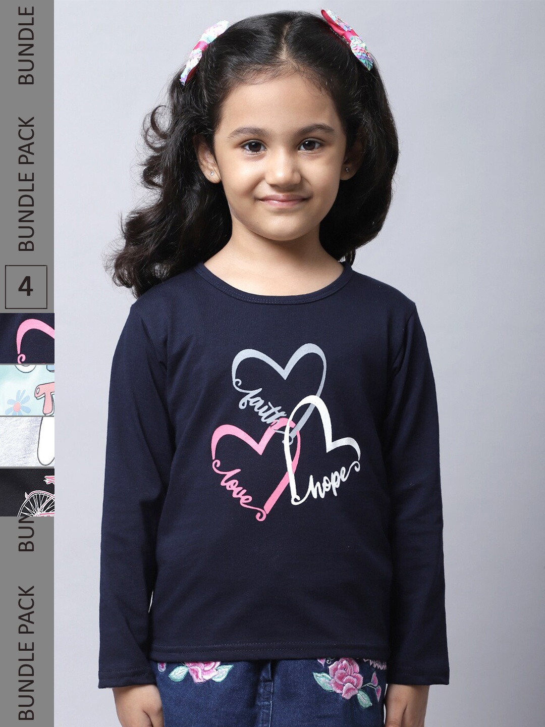 

BAESD Girl Pack Of 4 Typographic Printed Long Sleeves Cotton T-Shirt, Navy blue