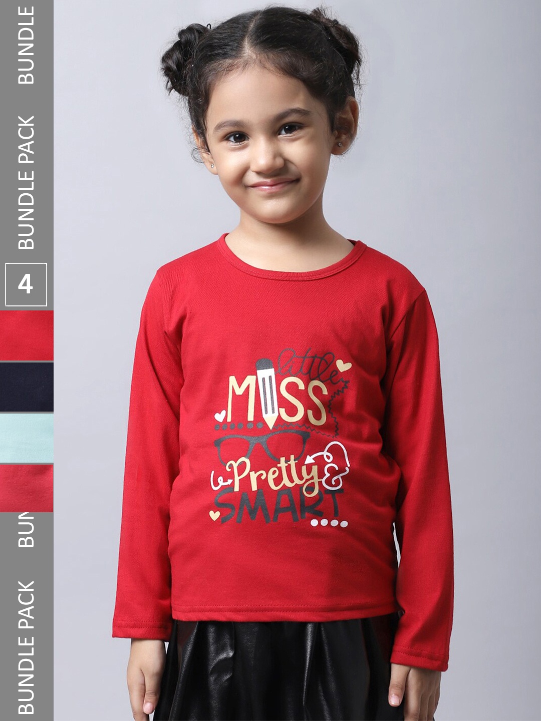 

BAESD Girls Pack Of 4 Printed Regular Fit Cotton T-shirt, Red