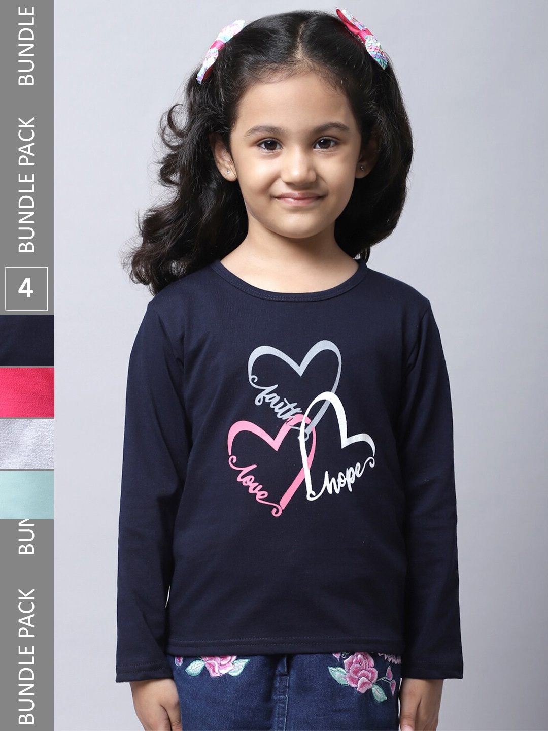 

BAESD Girls Pack Of 4 Graphic Printed Long Sleeves Pure Cotton T-shirt, Navy blue