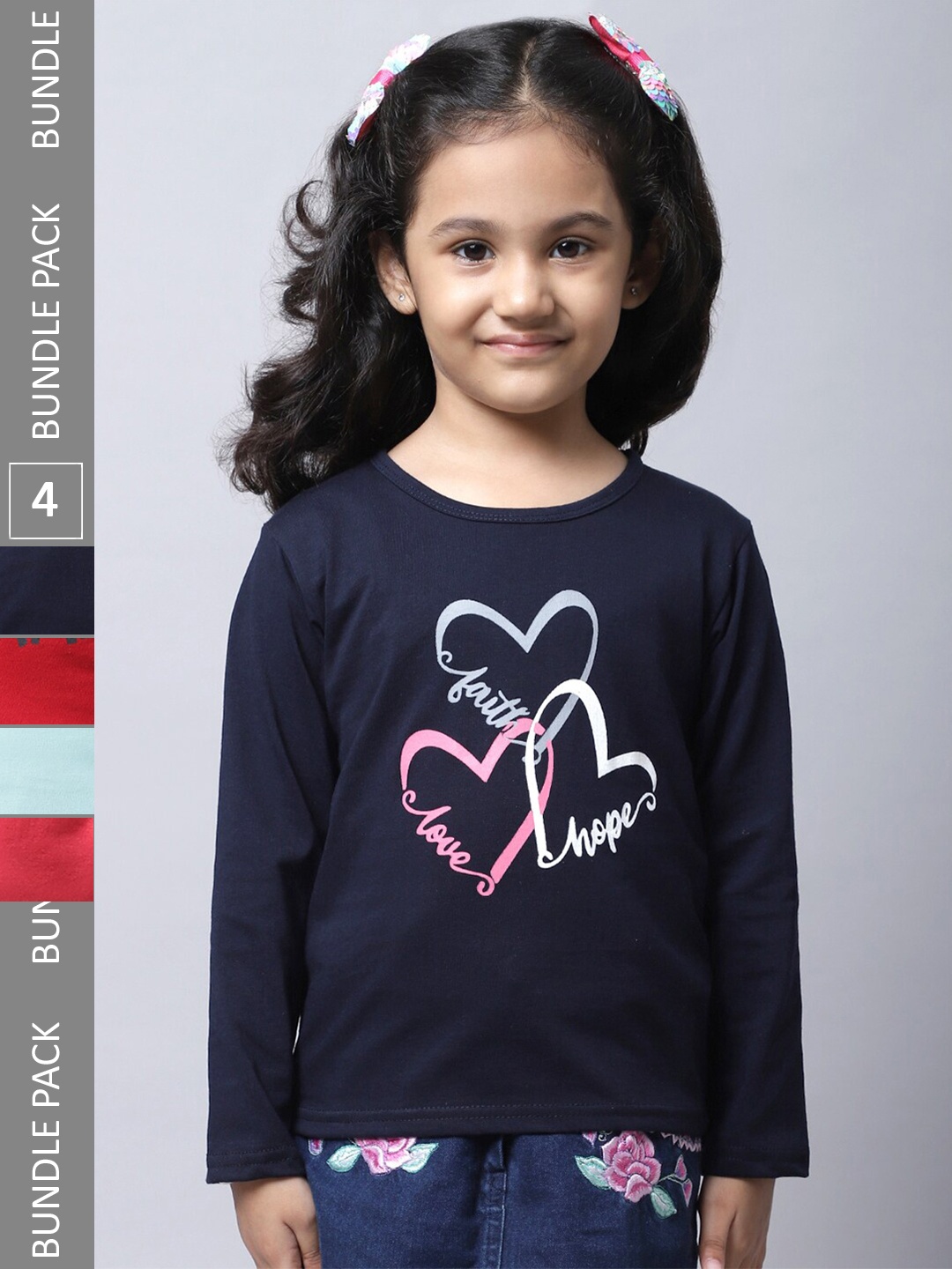 

BAESD Girl Pack Of 4 Typographic Printed Long Sleeves Cotton T-Shirt, Navy blue