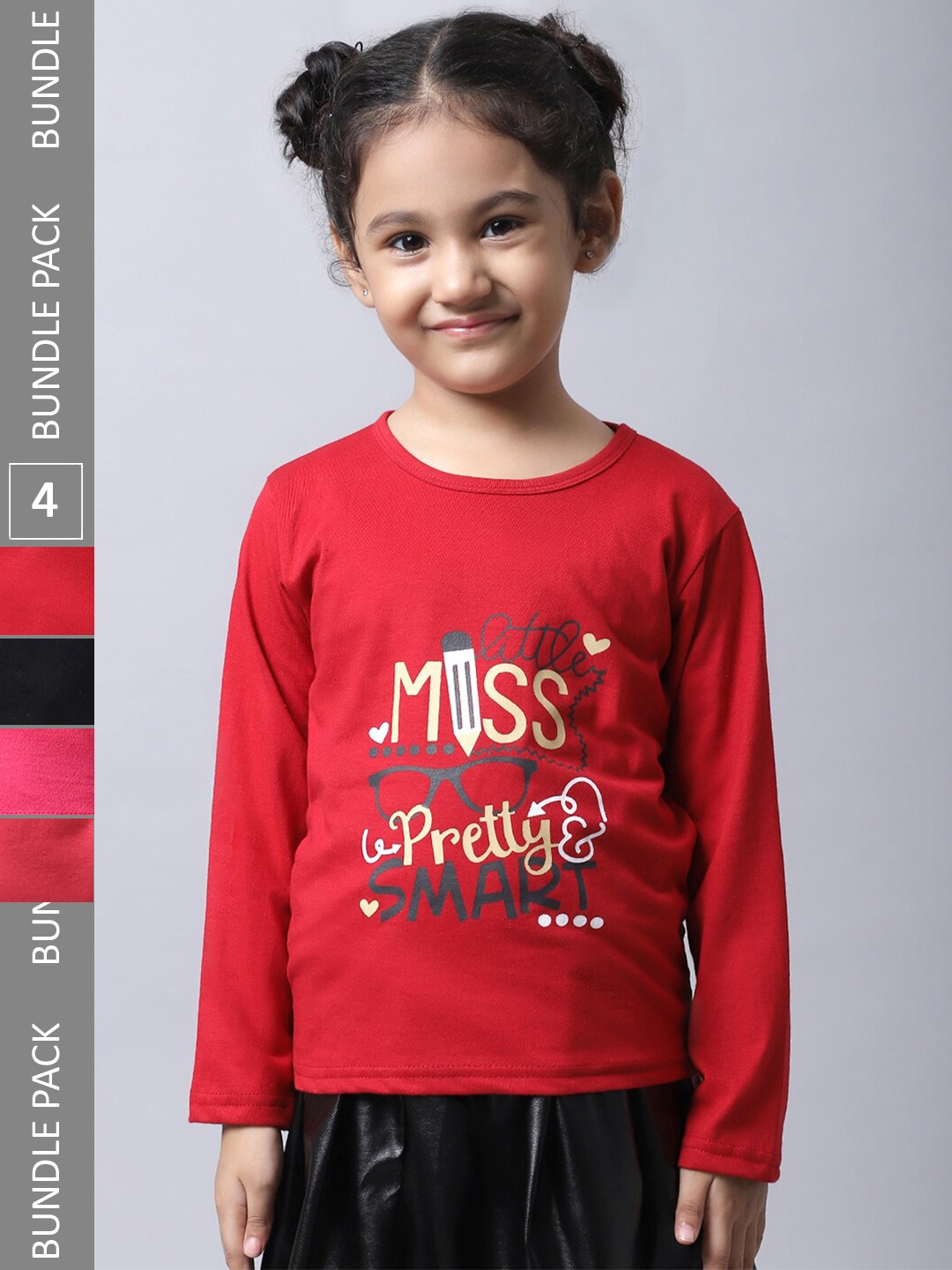 

BAESD Girls Pack Of 4 Typographic Printed Long Sleeves Cotton T-shirt, Red