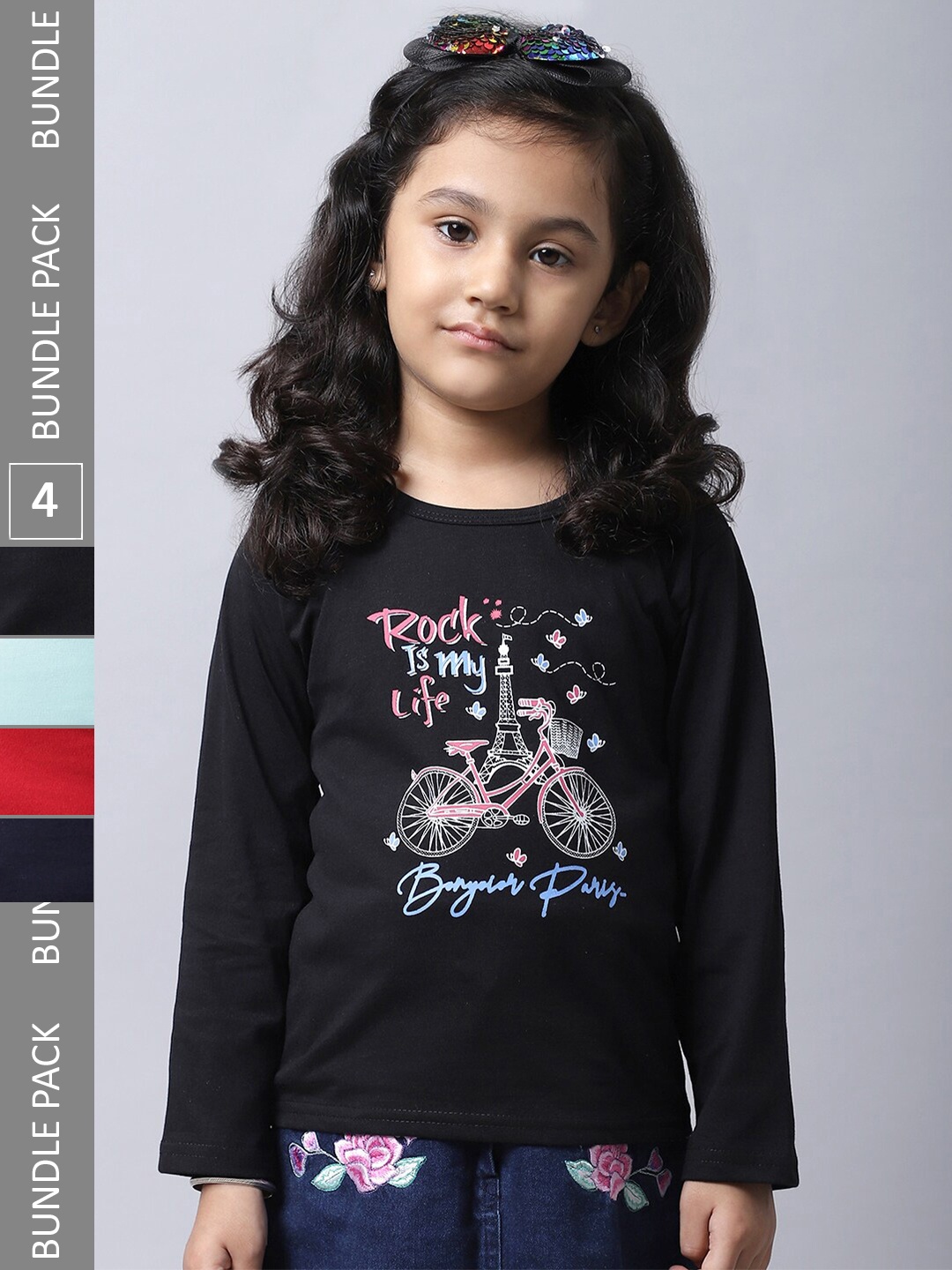 

BAESD Girls Pack of 4 Typoraphy Printed Cotton T-shirts, Black