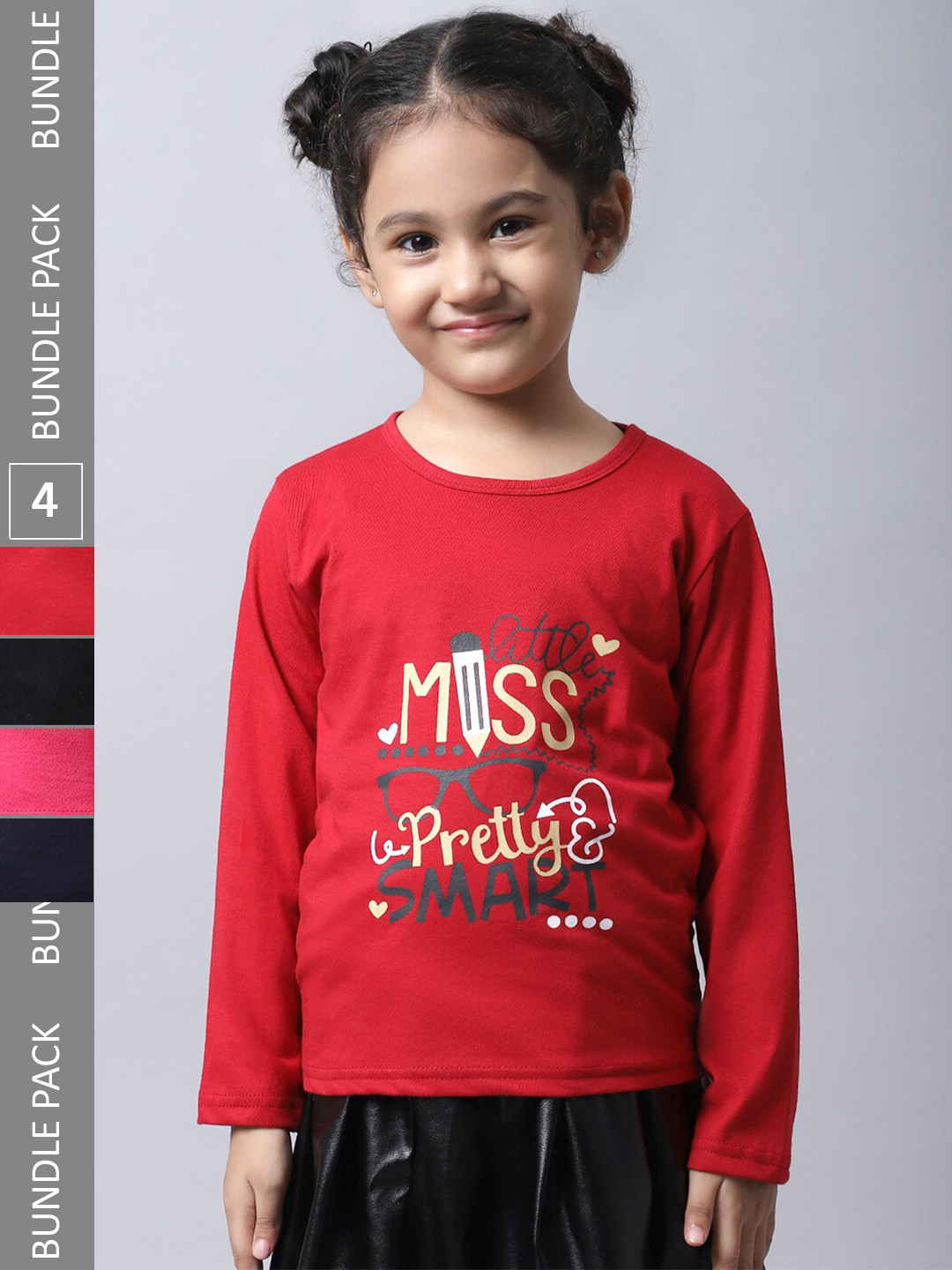 

BAESD Girls Pack Of 4 Typography Printed Long Sleeves Cotton T-shirt, Red
