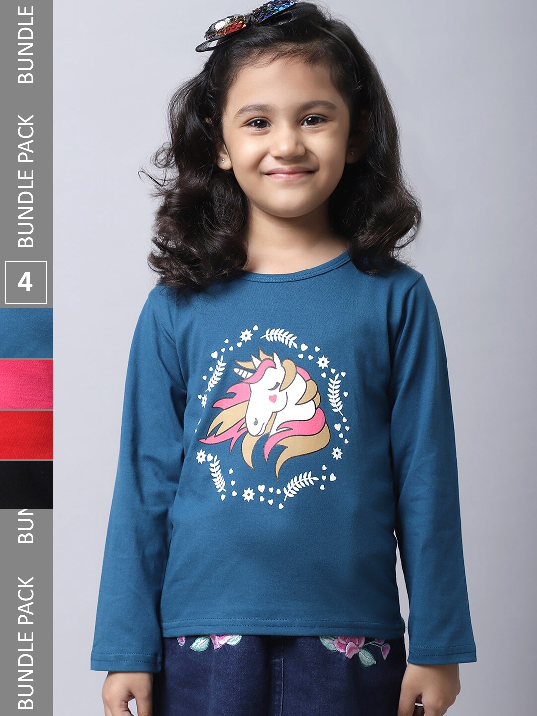 

BAESD Girls Pack Of 4 Graphic Printed Long Sleeves Cotton T-shirt, Teal