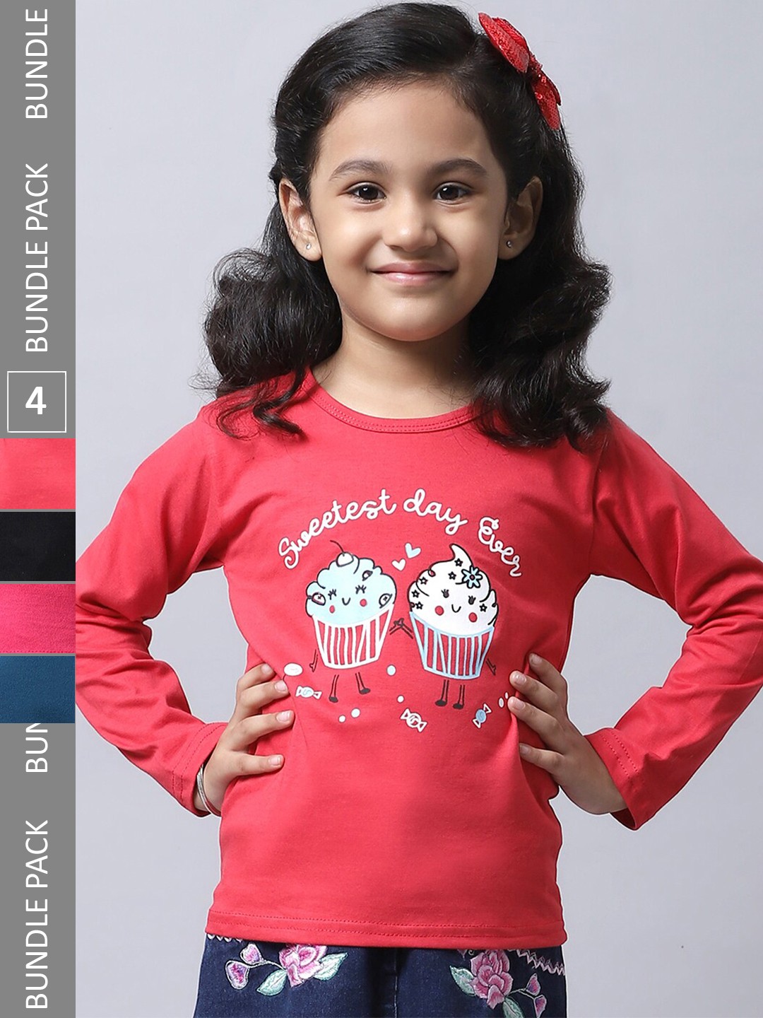

BAESD Girl Pack Of 4 Graphic Printed Long Sleeves Cotton T-Shirt, Pink