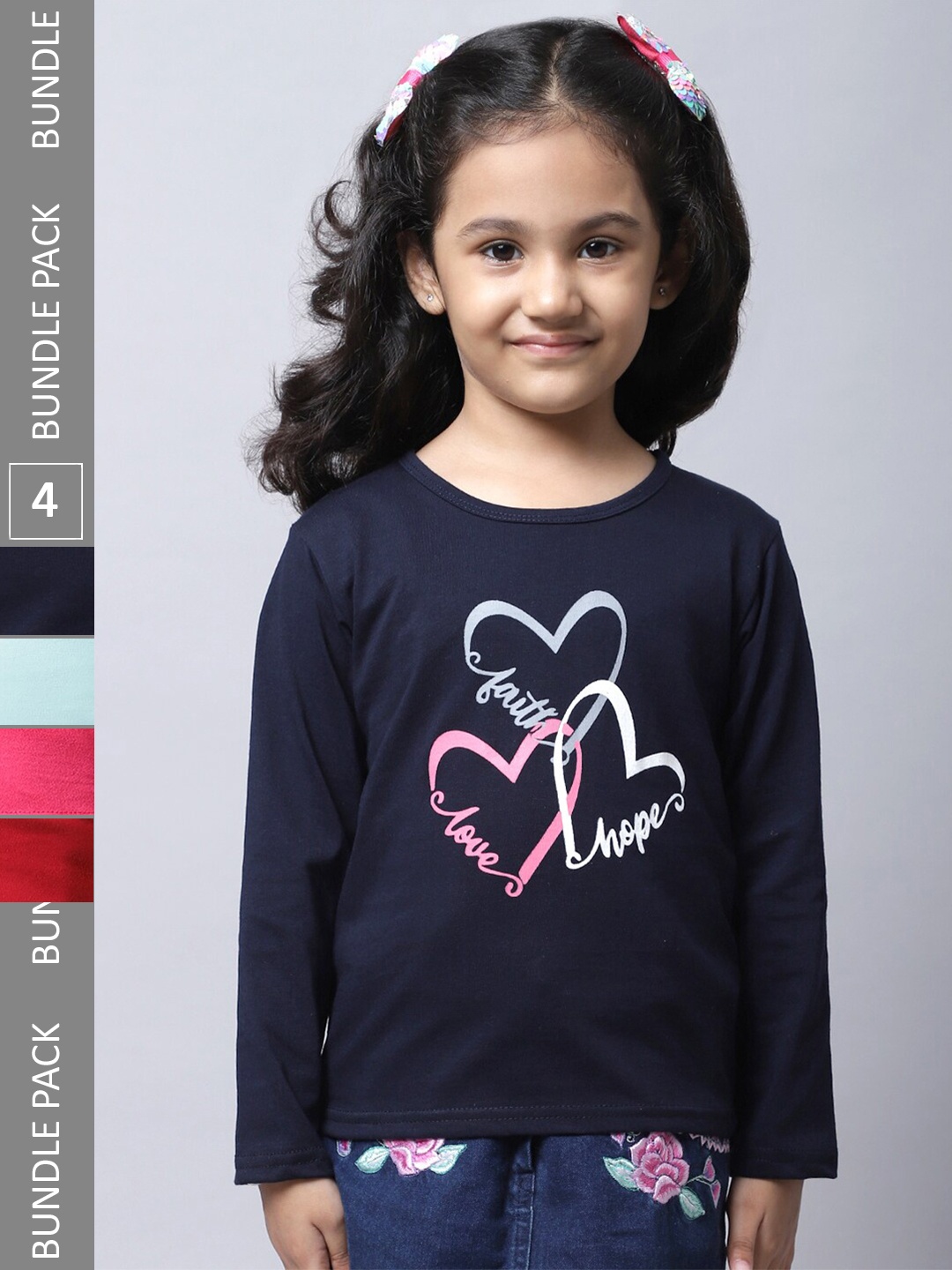 

BAESD Girl Pack Of 4 Graphic Printed Long Sleeves Cotton T-Shirt, Navy blue