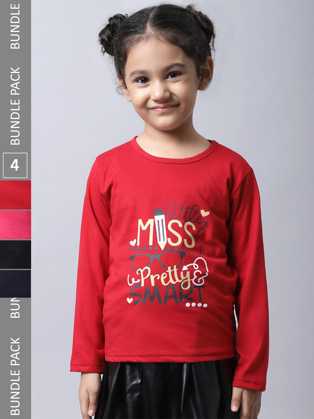

BAESD Girl Pack Of 4 Typographic Printed Long Sleeves Cotton T-Shirt, Red