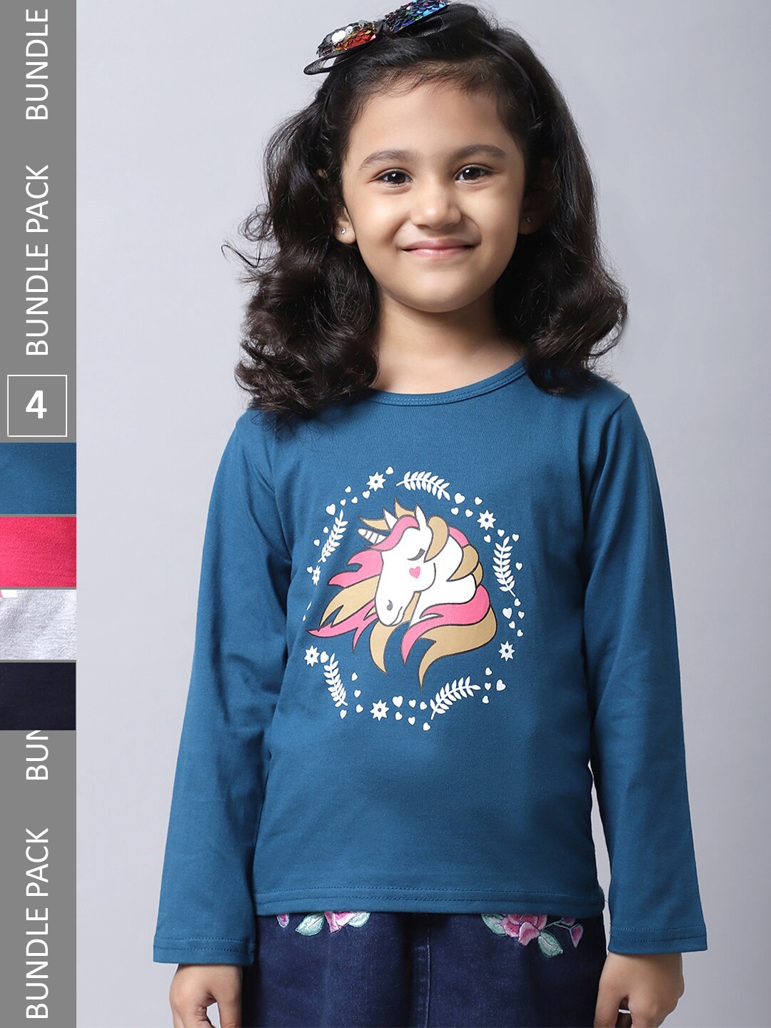 

BAESD Girl Pack Of 4 Graphic Printed Long Sleeves Cotton T-Shirt, Teal