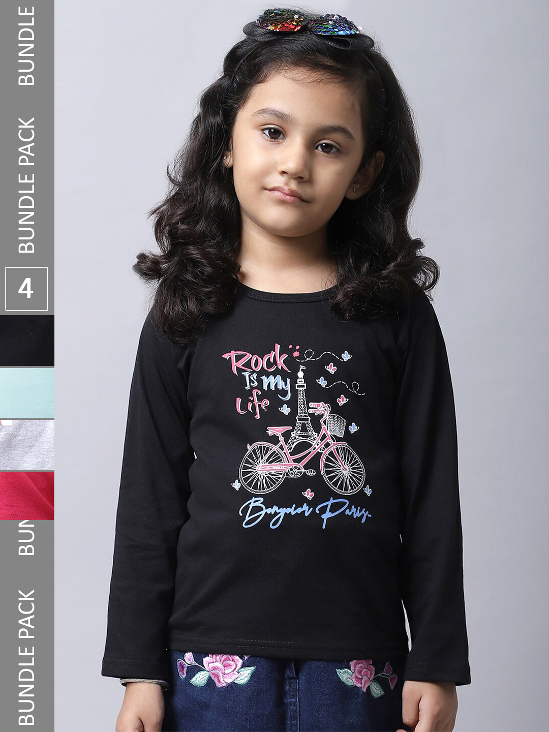 

BAESD Girls Pack Of 4 Typography Printed Long Sleeves Cotton T-shirt, Black