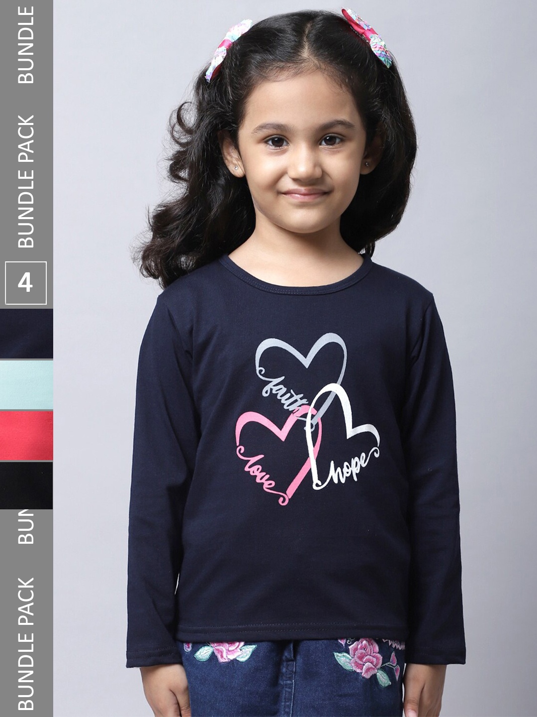 

BAESD Girl Pack Of 4 Graphic Printed Long Sleeves Cotton T-Shirt, Navy blue