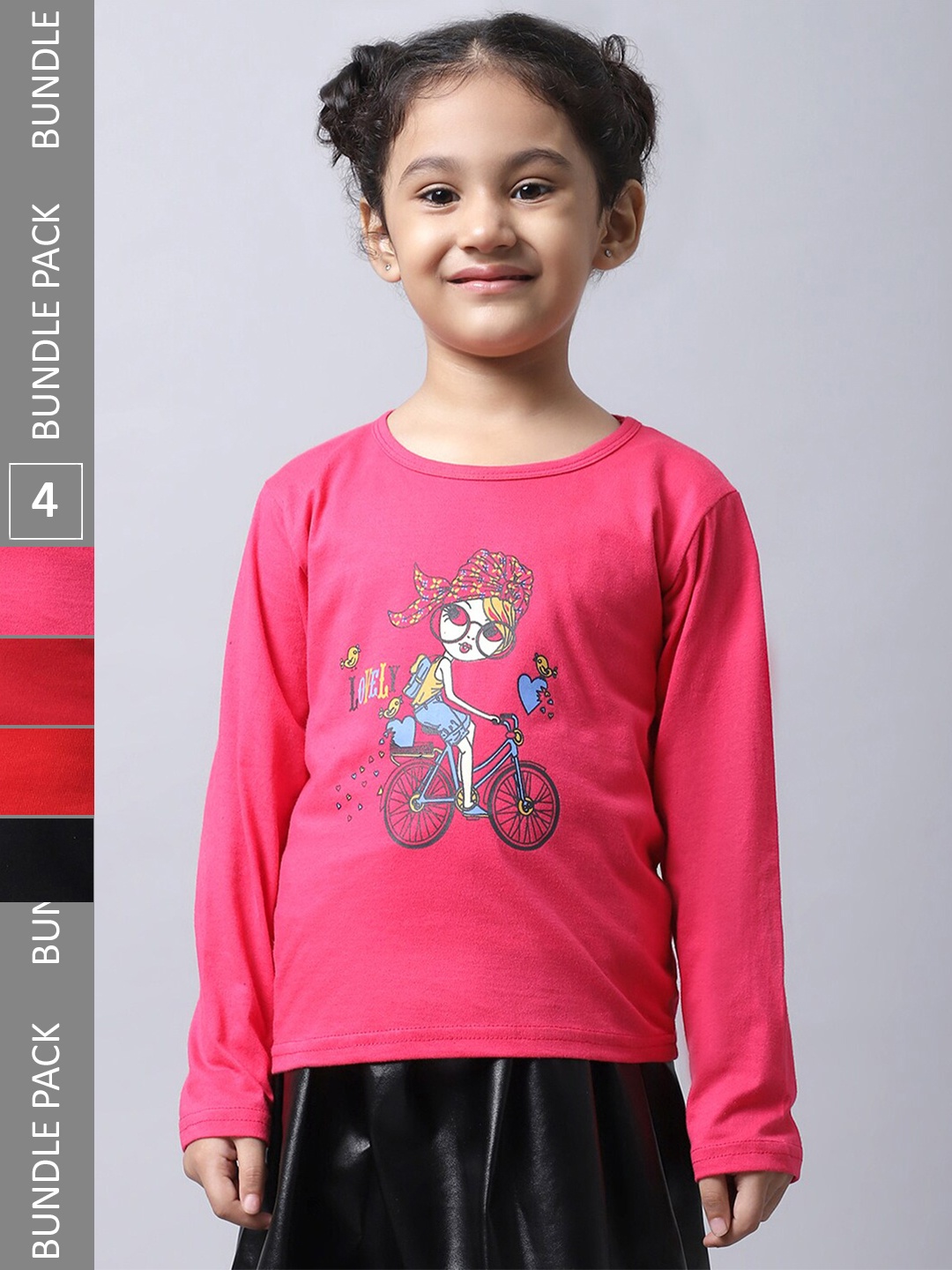

BAESD Girl Pack Of 4 Graphic Printed Long Sleeves Cotton T-Shirt, Pink