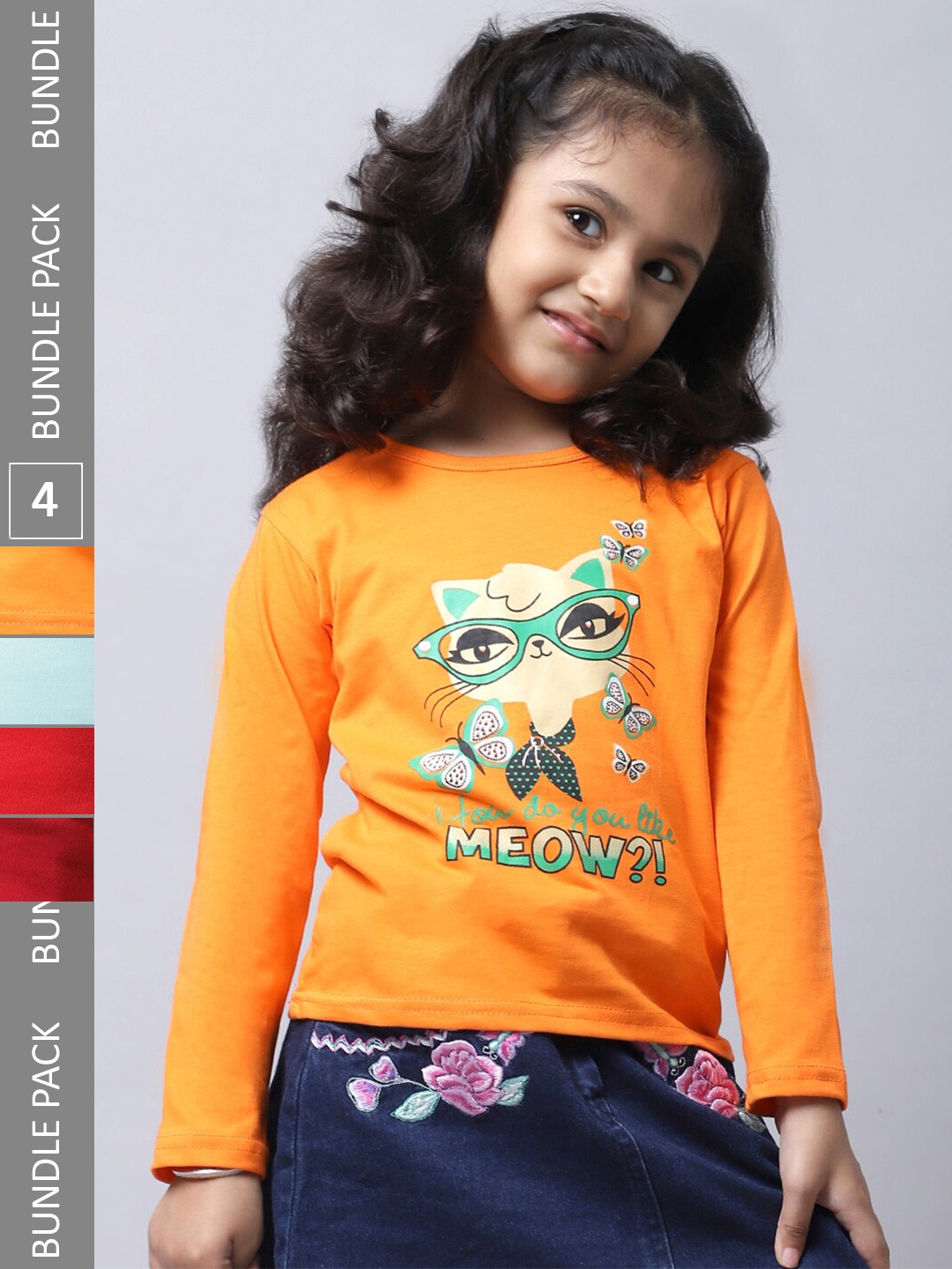 

BAESD Girl Pack Of 4 Graphic Printed Long Sleeves Cotton T-Shirt, Mustard