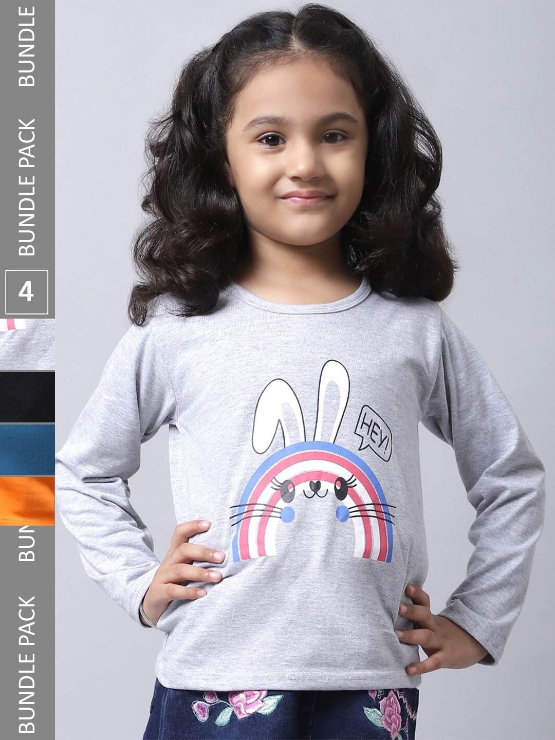 

BAESD Girls Pack Of 4 Printed Cotton Casual T-Shirts, Grey