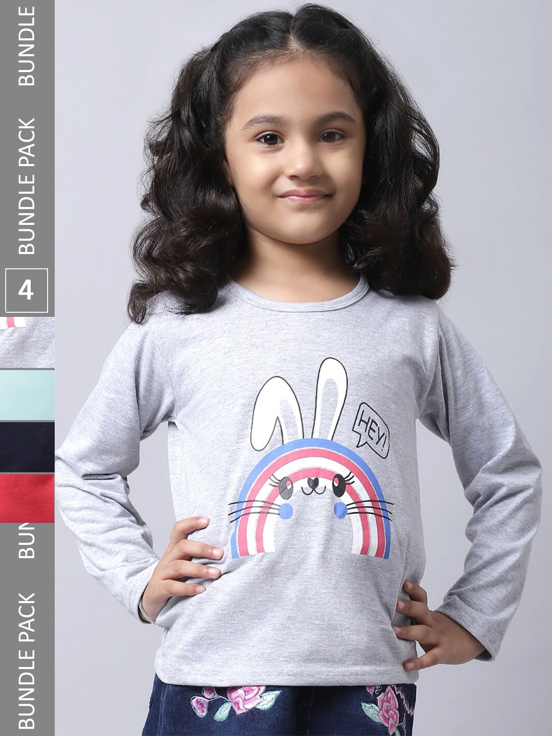 

BAESD Girls Pack Of 4 Printed Cotton Casual T-Shirts, Grey