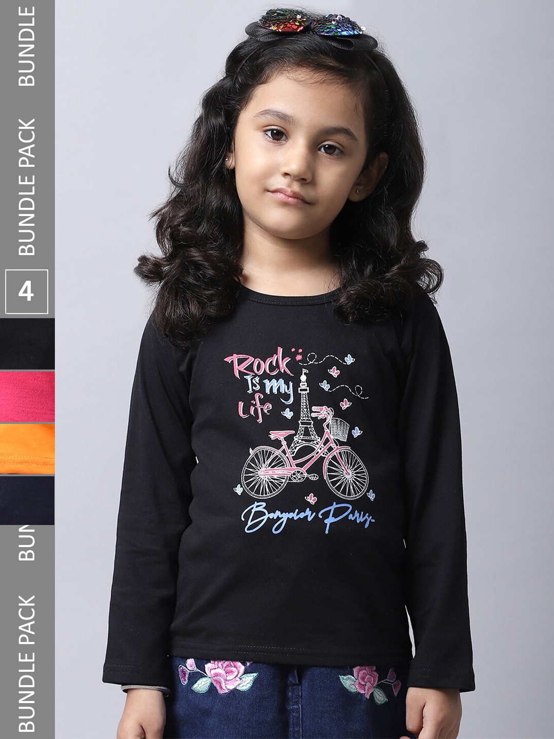 

BAESD Girls Pack Of 4 Printed Cotton T-shirt, Black