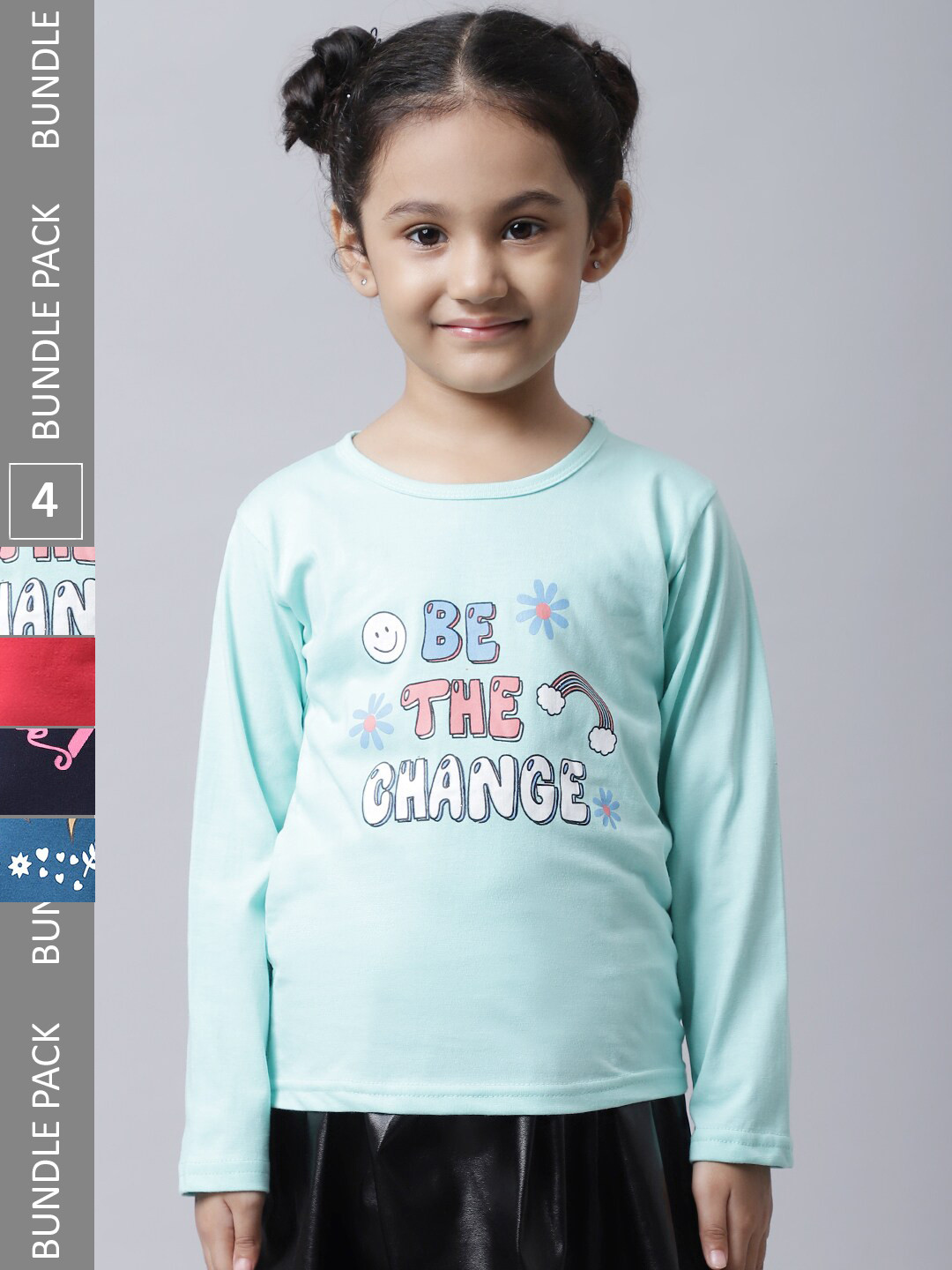 

BAESD Girls Pack of 4 Typoraphy Printed Cotton T-shirts, Blue