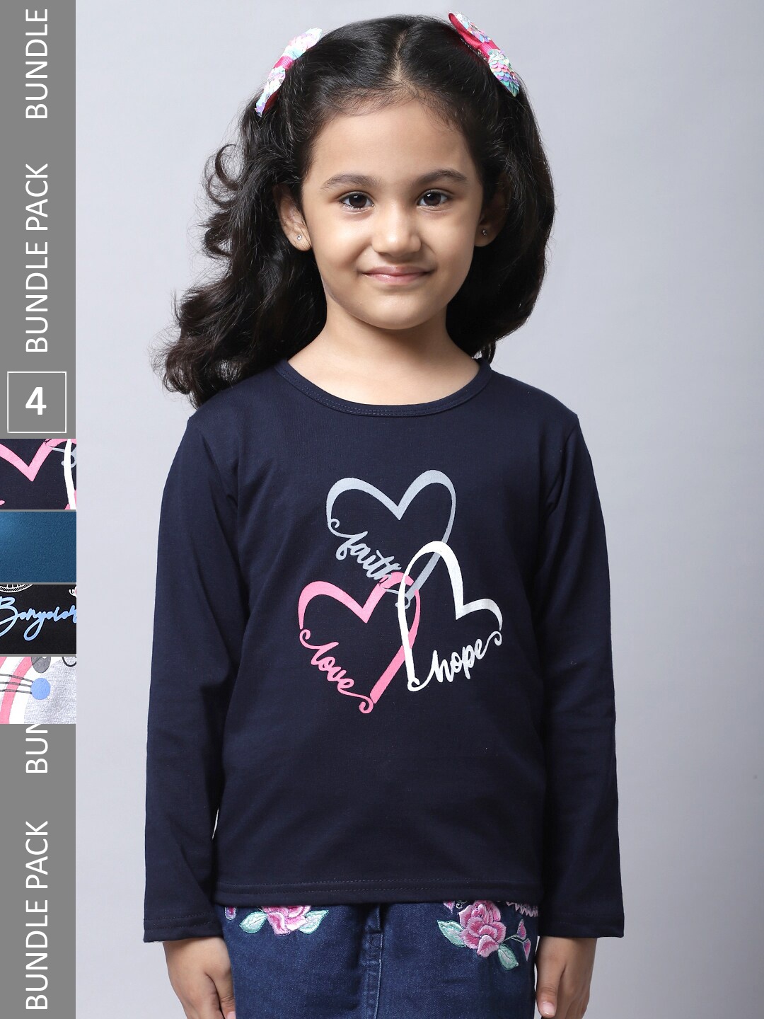 

BAESD Girls Pack Of 4 Printed Cotton Casual T-Shirts, Navy blue