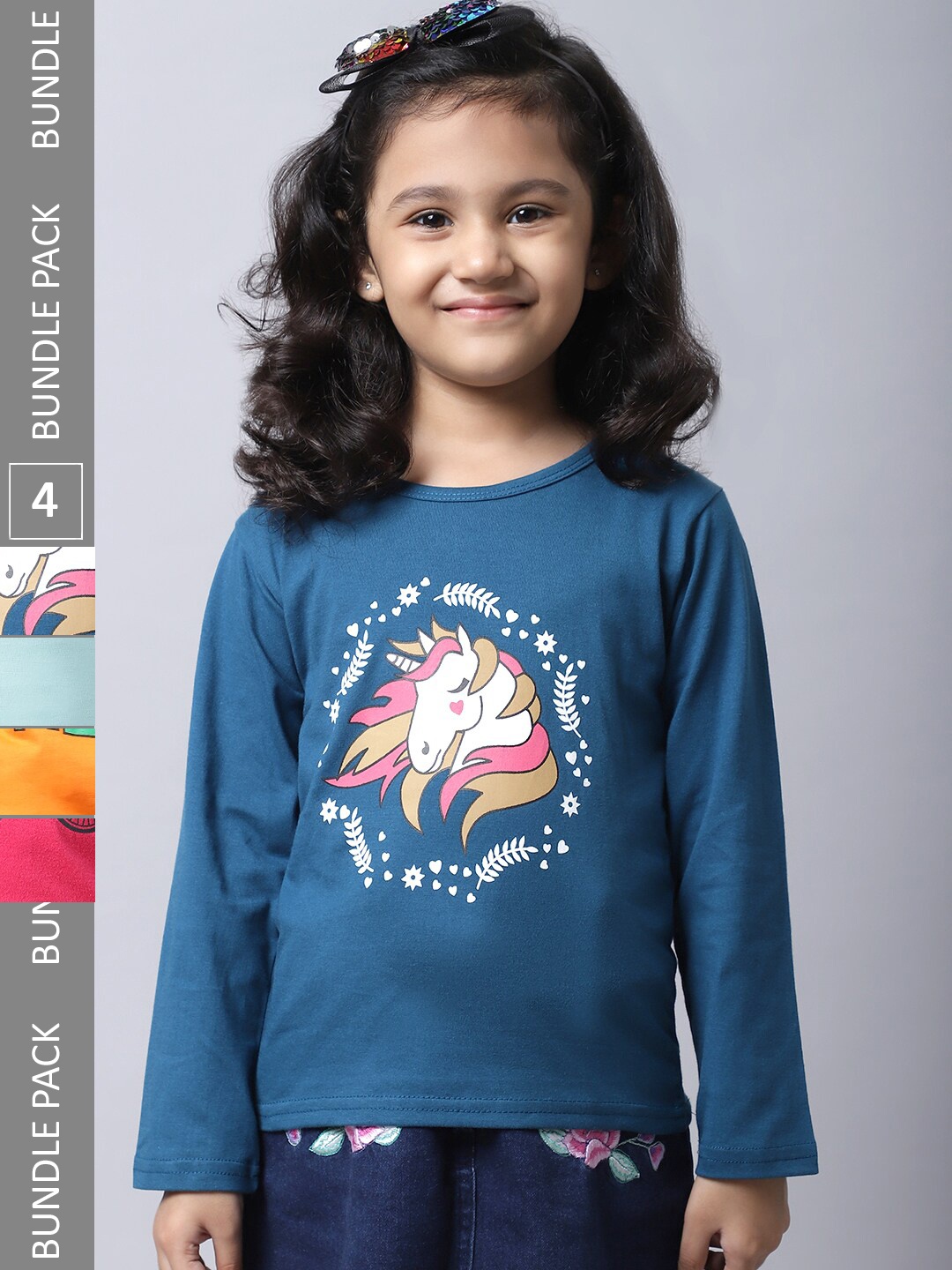

BAESD Girls Pack Of 4 Printed Cotton Casual T-Shirts, Teal