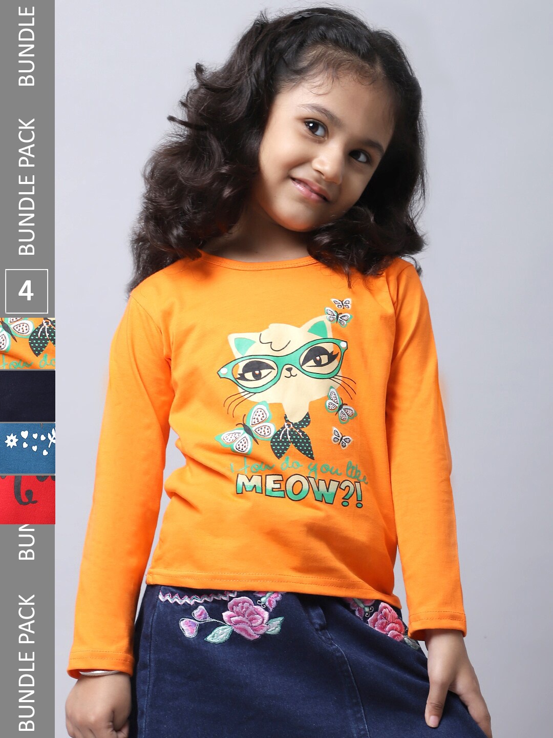 

BAESD Girls Pack Of 4 Graphic Printed Long Sleeve Pure Cotton T-shirt, Orange