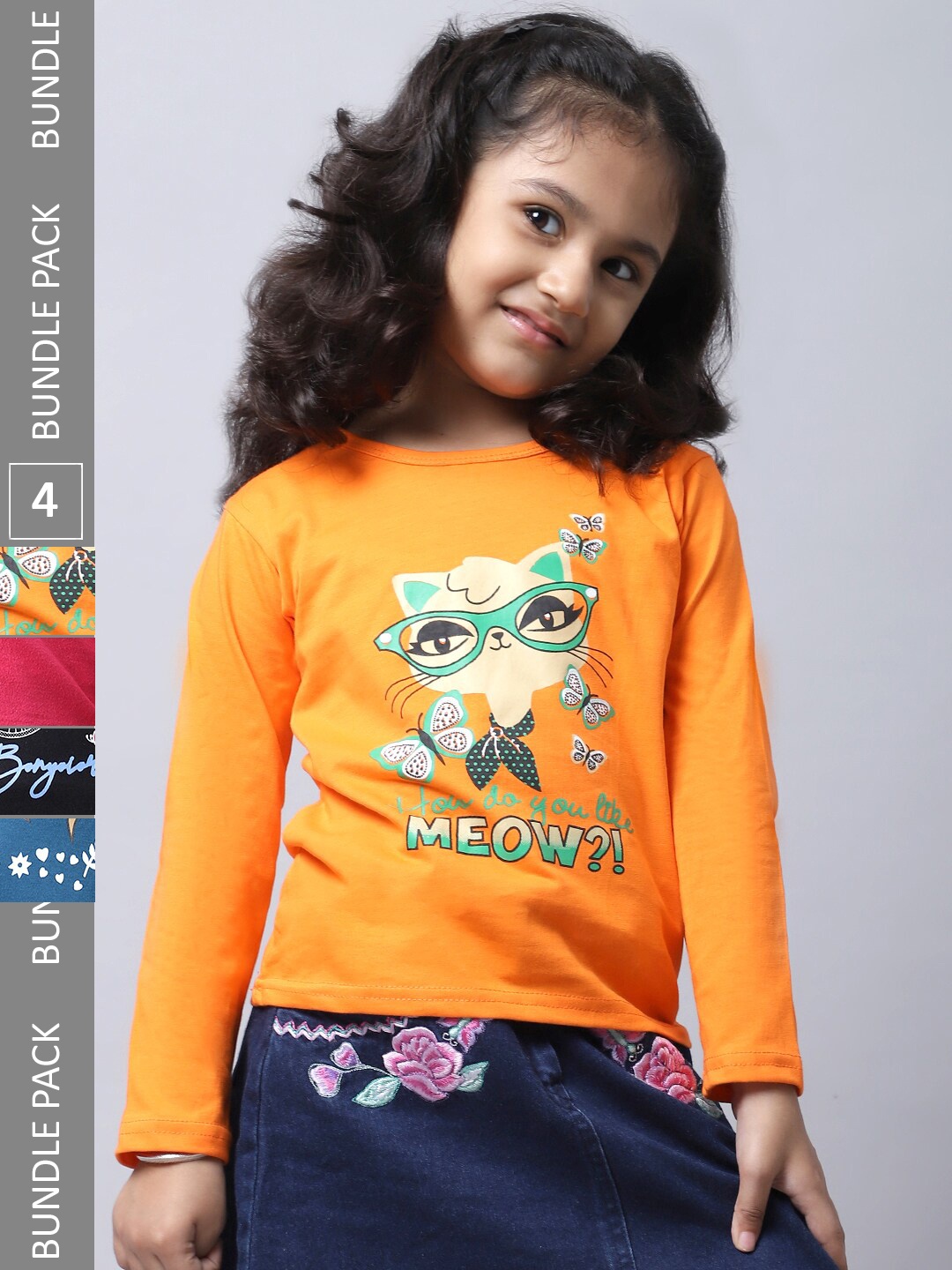 

BAESD Girls Pack Of 4 Printed Cotton Casual T-Shirts, Orange