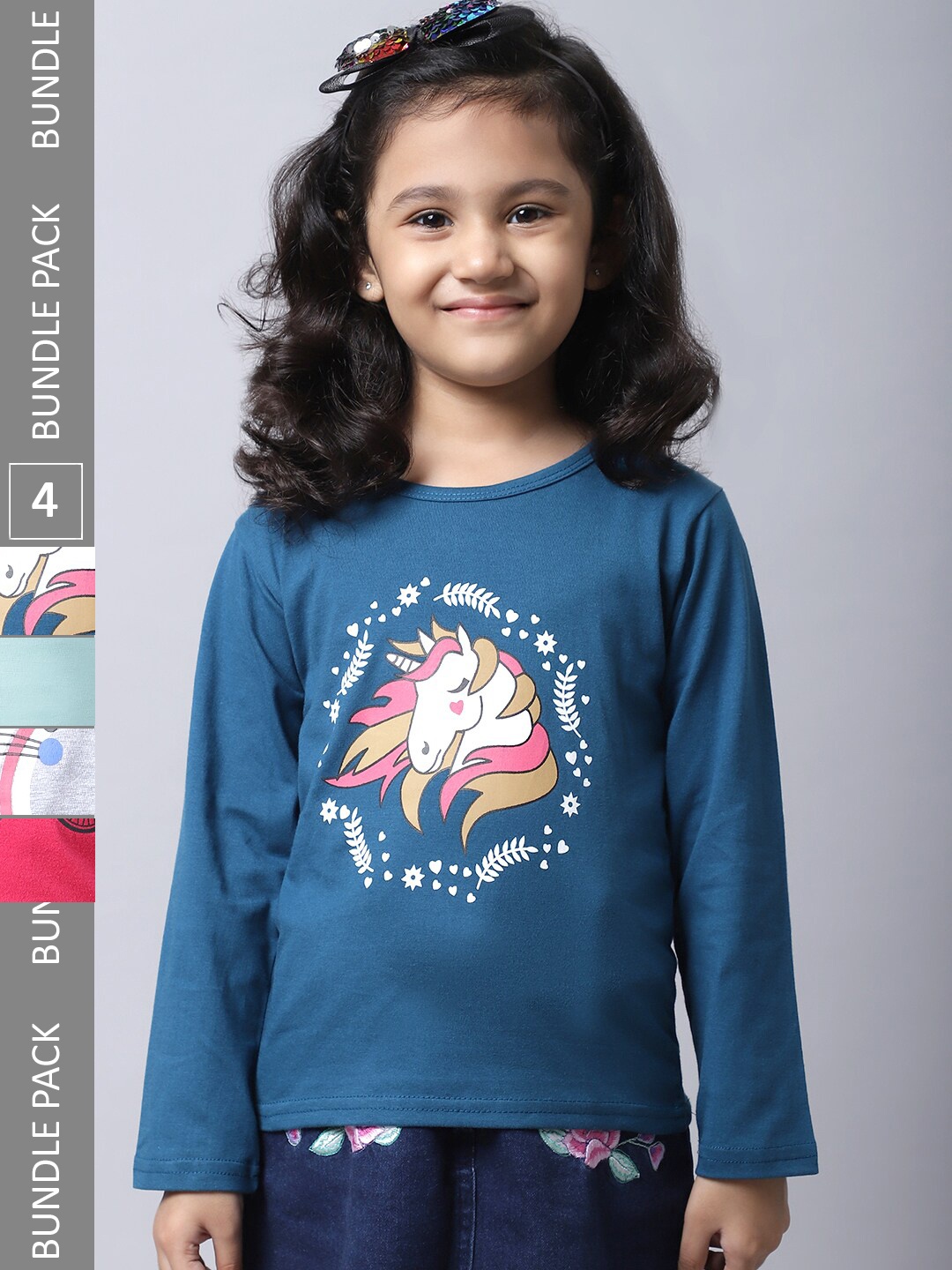 

BAESD Girls Pack Of 4 Printed Cotton Casual T-Shirts, Teal