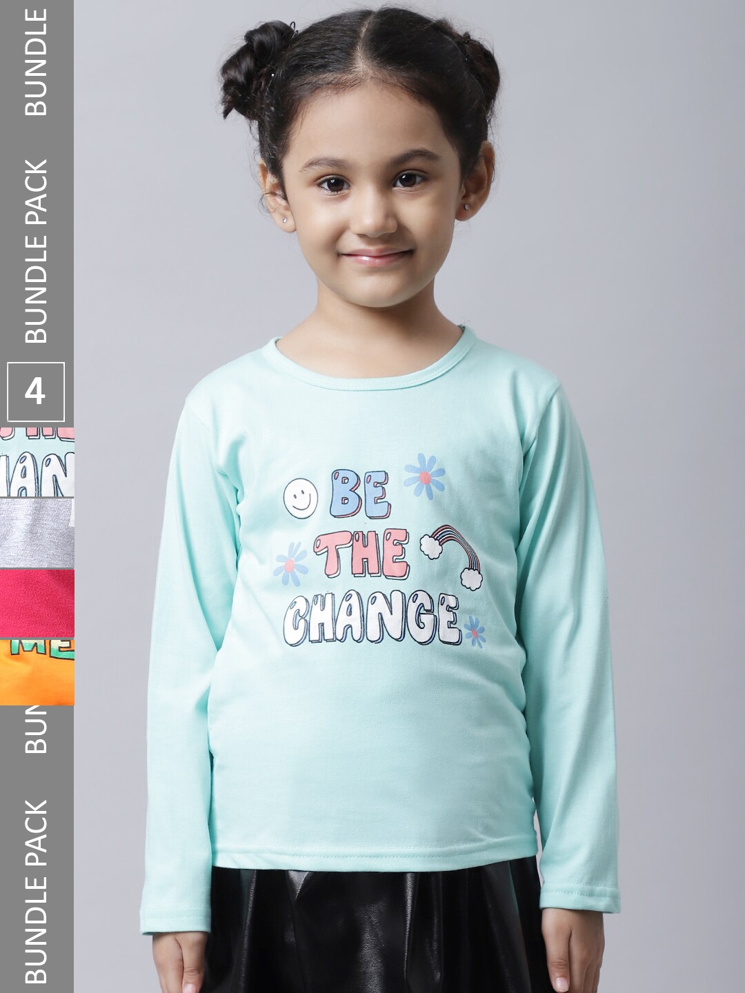 

BAESD Girls Pack Of 4 Typography Printed Long Sleeves Cotton T-shirt, Grey
