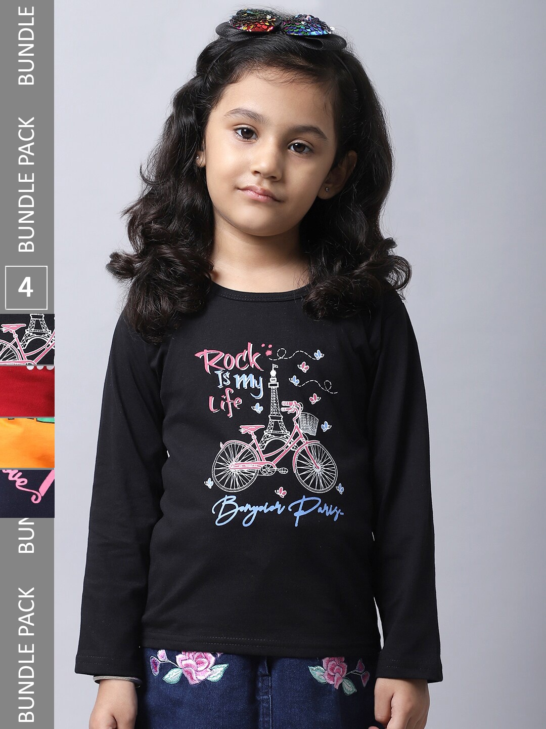 

BAESD Girls Pack Of 4 Printed Cotton Casual T-Shirts, Black