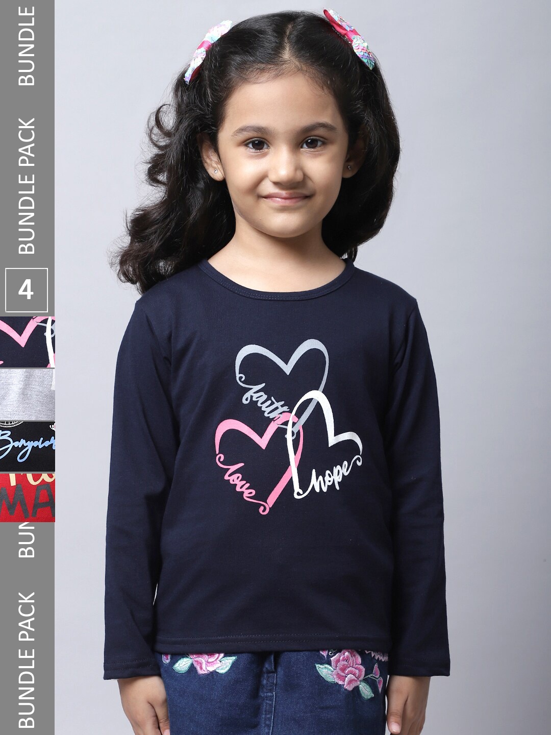 

BAESD Girls Pack Of 4 Printed Cotton Casual T-Shirts, Navy blue