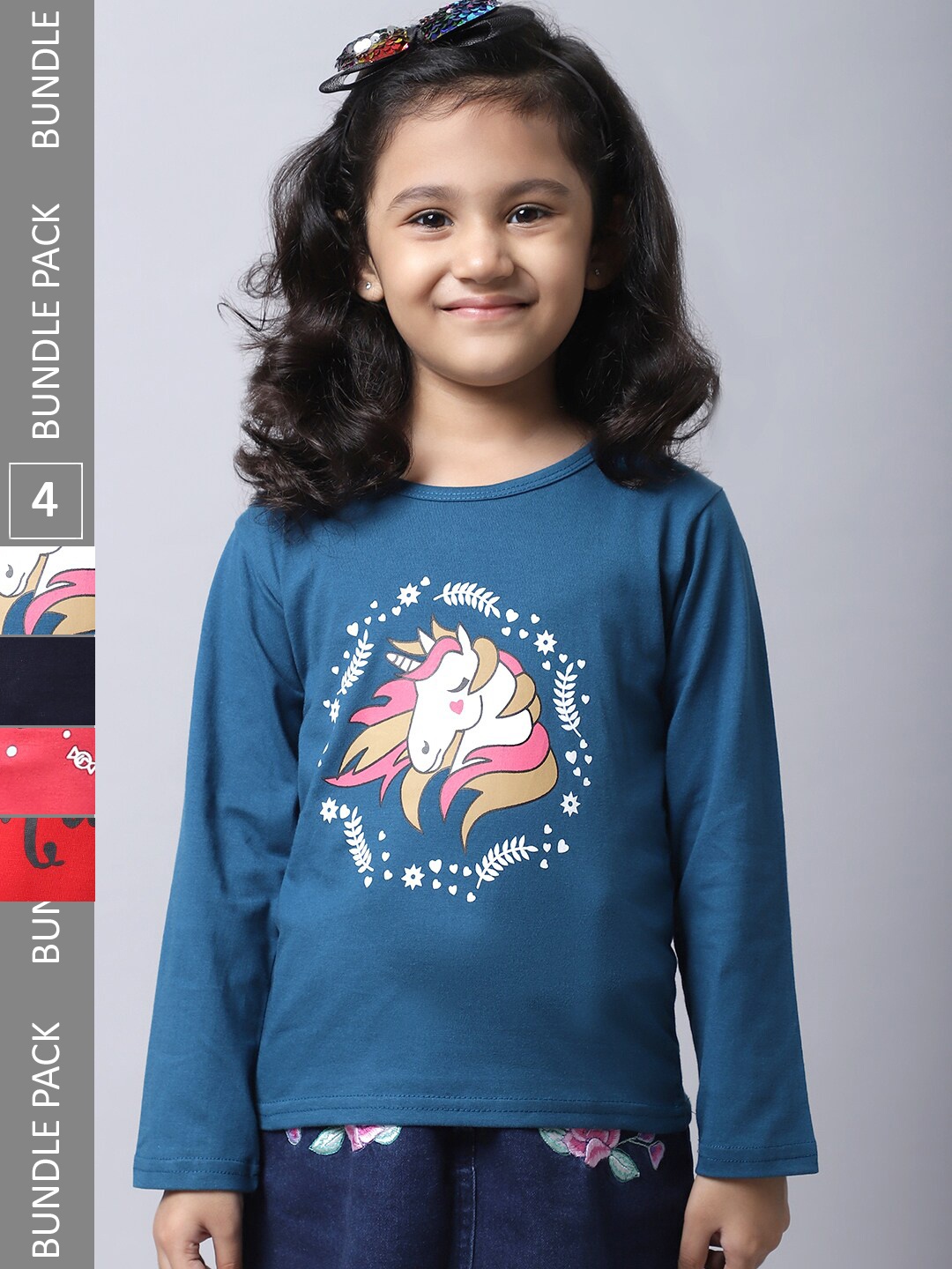 

BAESD Girls Pack Of 4 Graphic Printed Long Sleeves Cotton T-shirt, Green