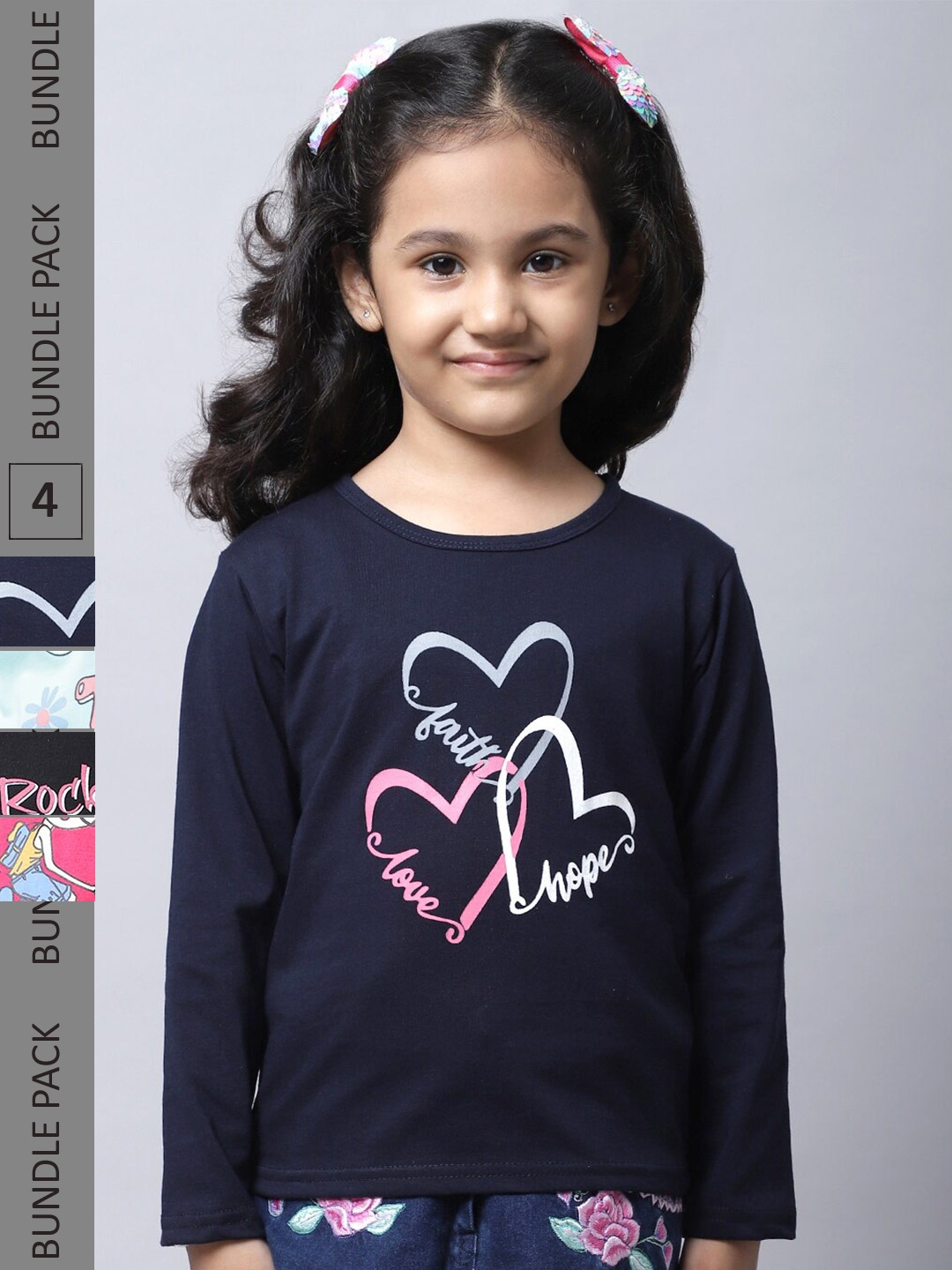 

BAESD Girls Pack Of 4 Graphic Printed Long Sleeves Cotton T-shirt, Navy blue