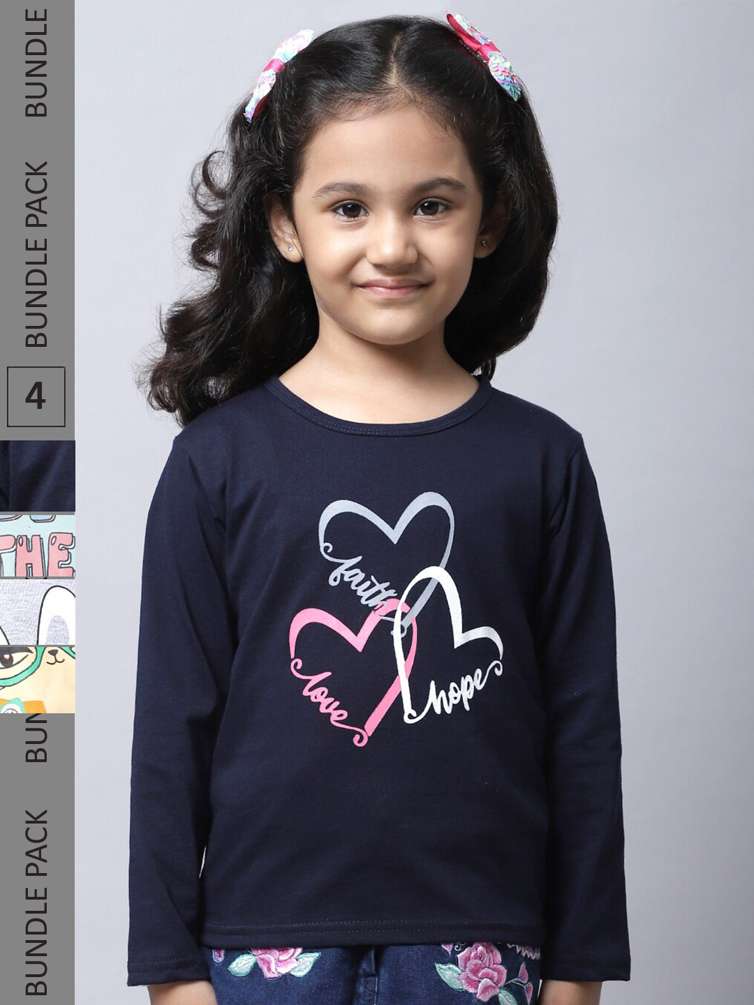 

BAESD Girls Pack Of 4 Typographic Printed Long Sleeves Cotton T-shirt, Navy blue