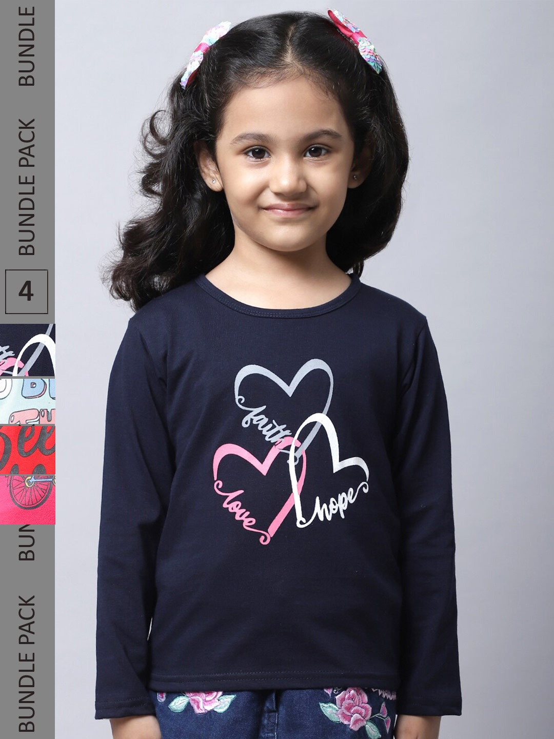 

BAESD Girls Pack Of 4 Printed Cotton Casual T-Shirts, Navy blue