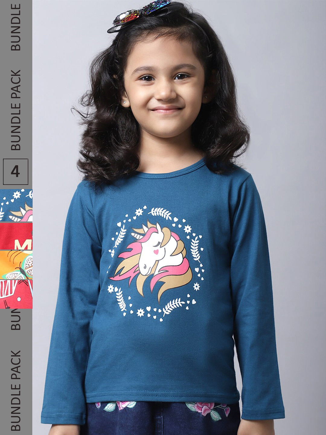 

BAESD Girls Pack Of 4 Graphic Printed Long Sleeves Cotton T-shirt, Green