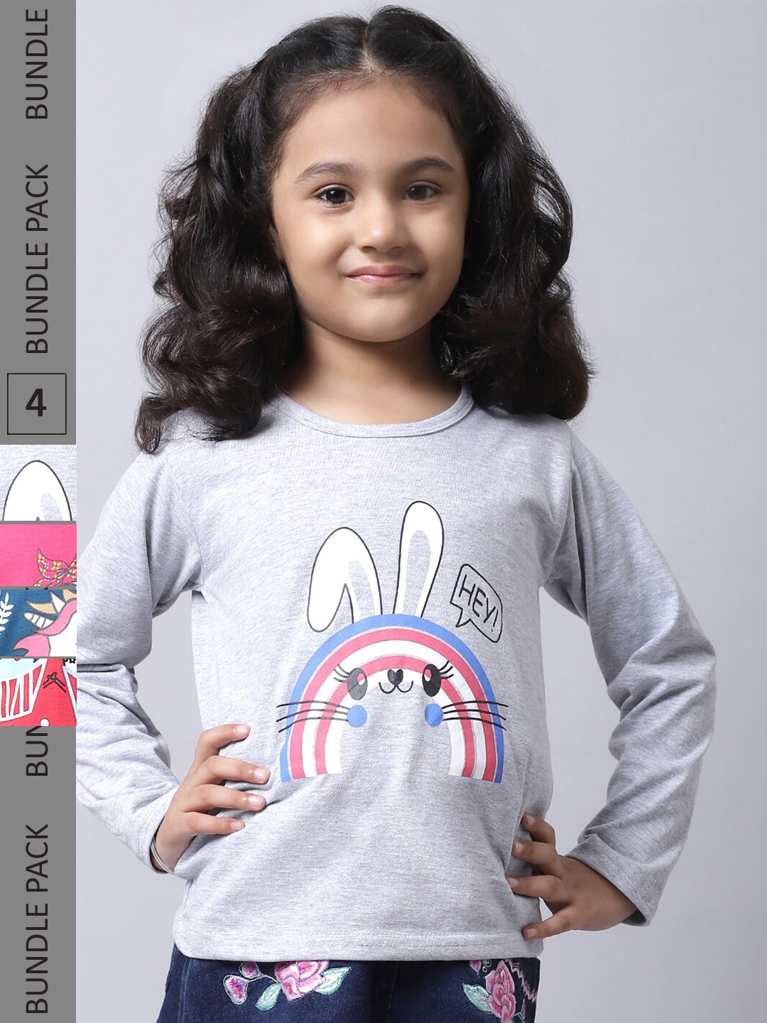 

BAESD Girls Pack Of 4 Printed Cotton Casual T-Shirts, Grey