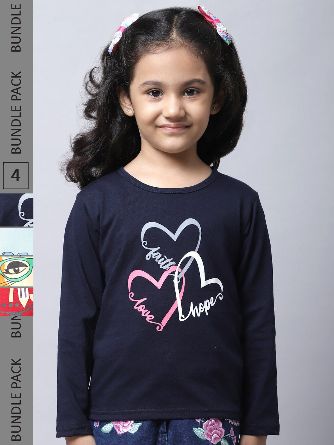 

BAESD Girls Pack Of 4 Typography Printed Long Sleeves Cotton T-shirt, Navy blue