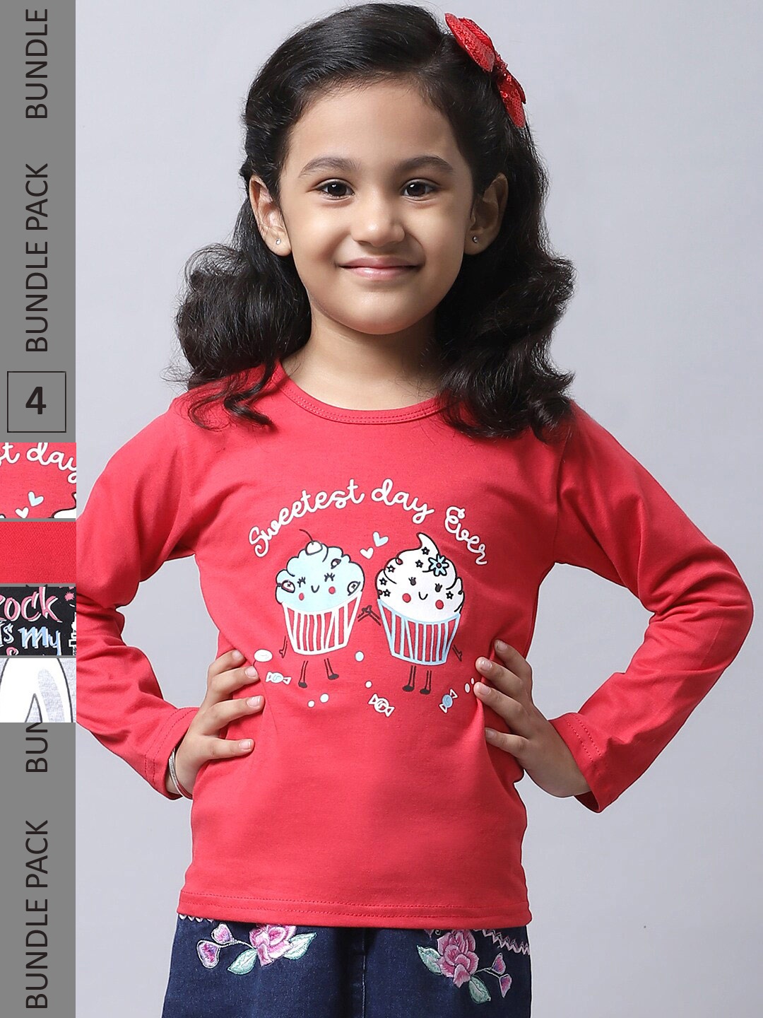 

BAESD Girls Pack Of 4 Printed Cotton Casual T-Shirts, Red