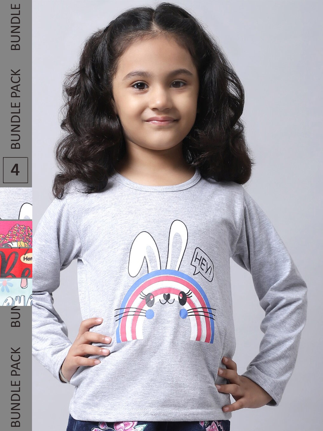 

BAESD Girls Pack Of 4 Printed Cotton Casual T-Shirts, Grey